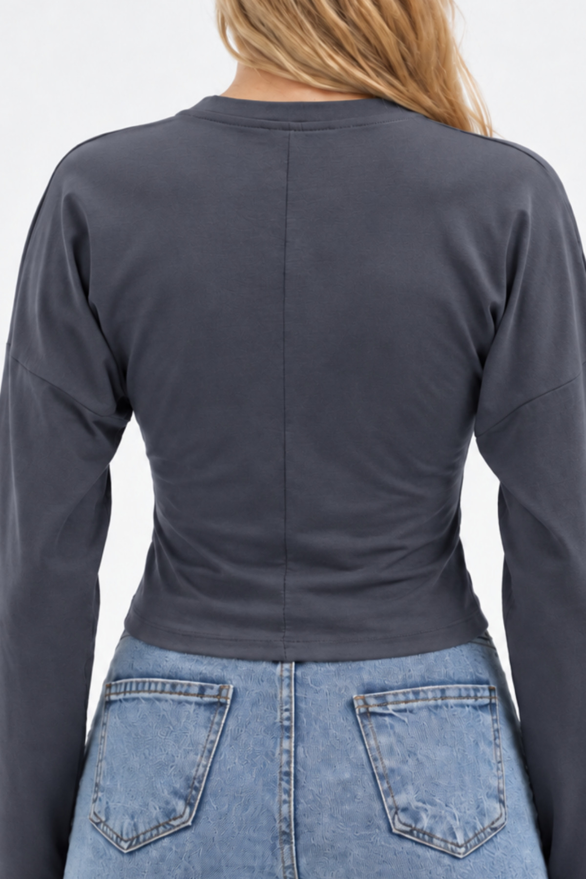 Füme Bisiklet Yaka Uzun Kollu Crop Bluz 6