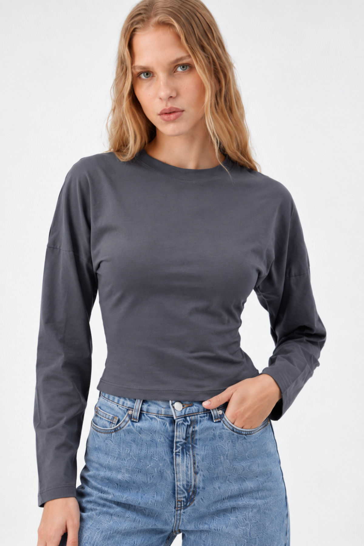 Füme Bisiklet Yaka Uzun Kollu Crop Bluz 4