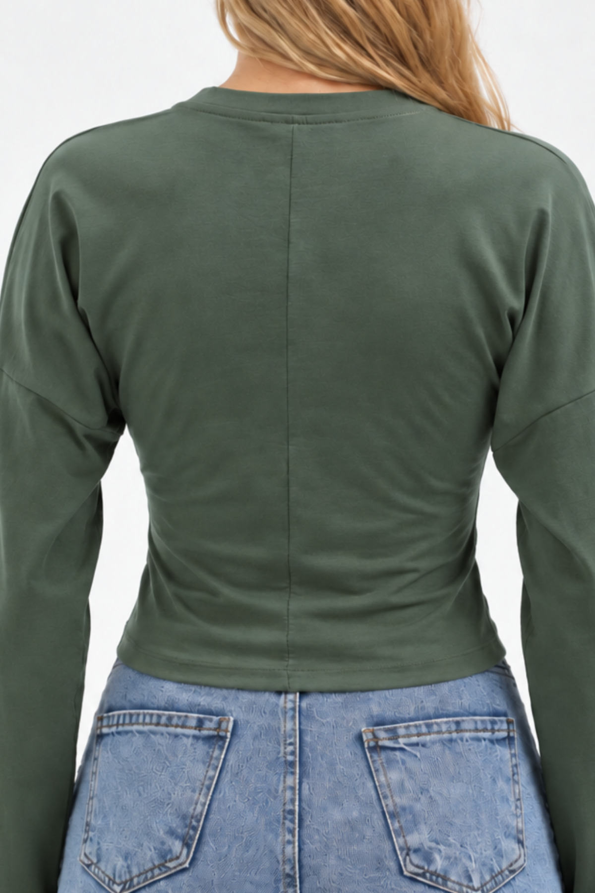 Haki Bisiklet Yaka Uzun Kollu Crop Bluz 6