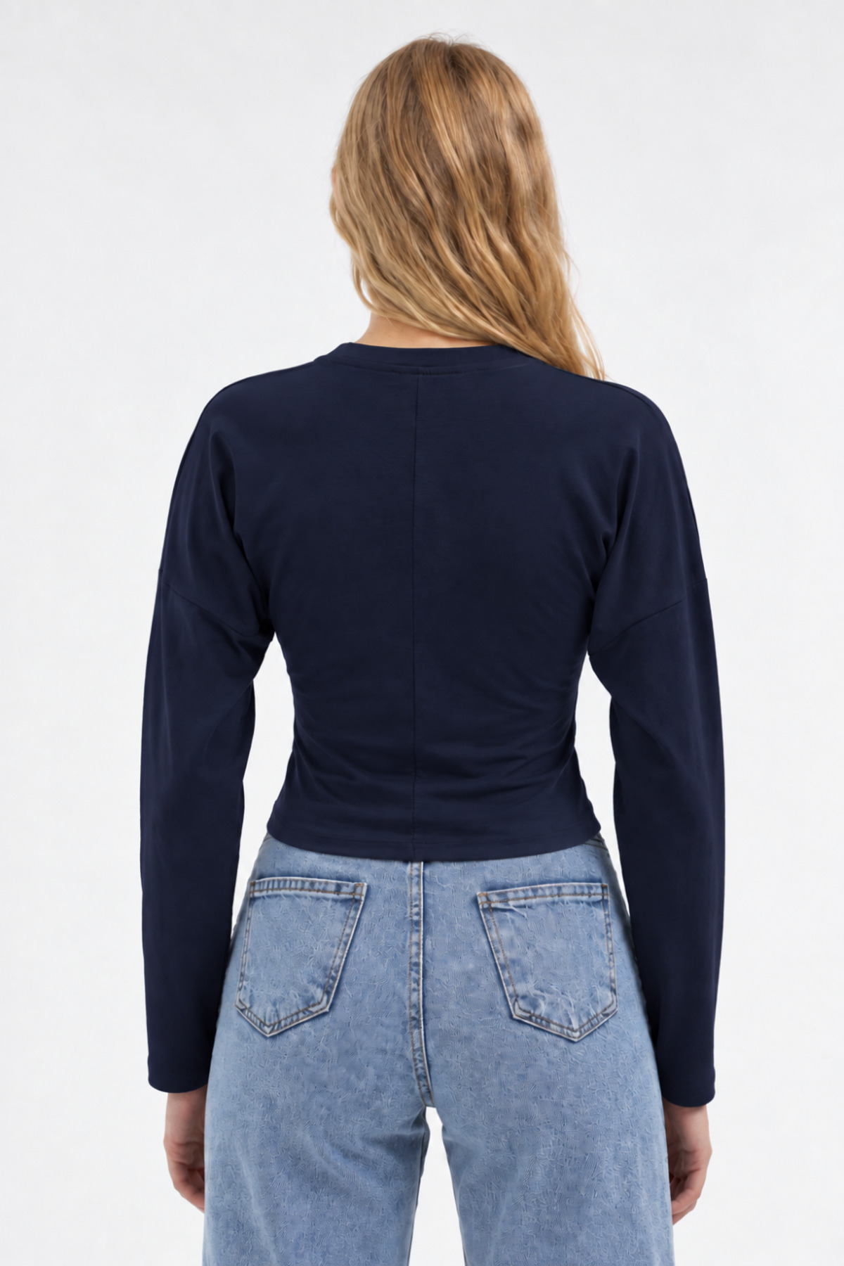 Lacivert Bisiklet Yaka Uzun Kollu Crop Bluz 3