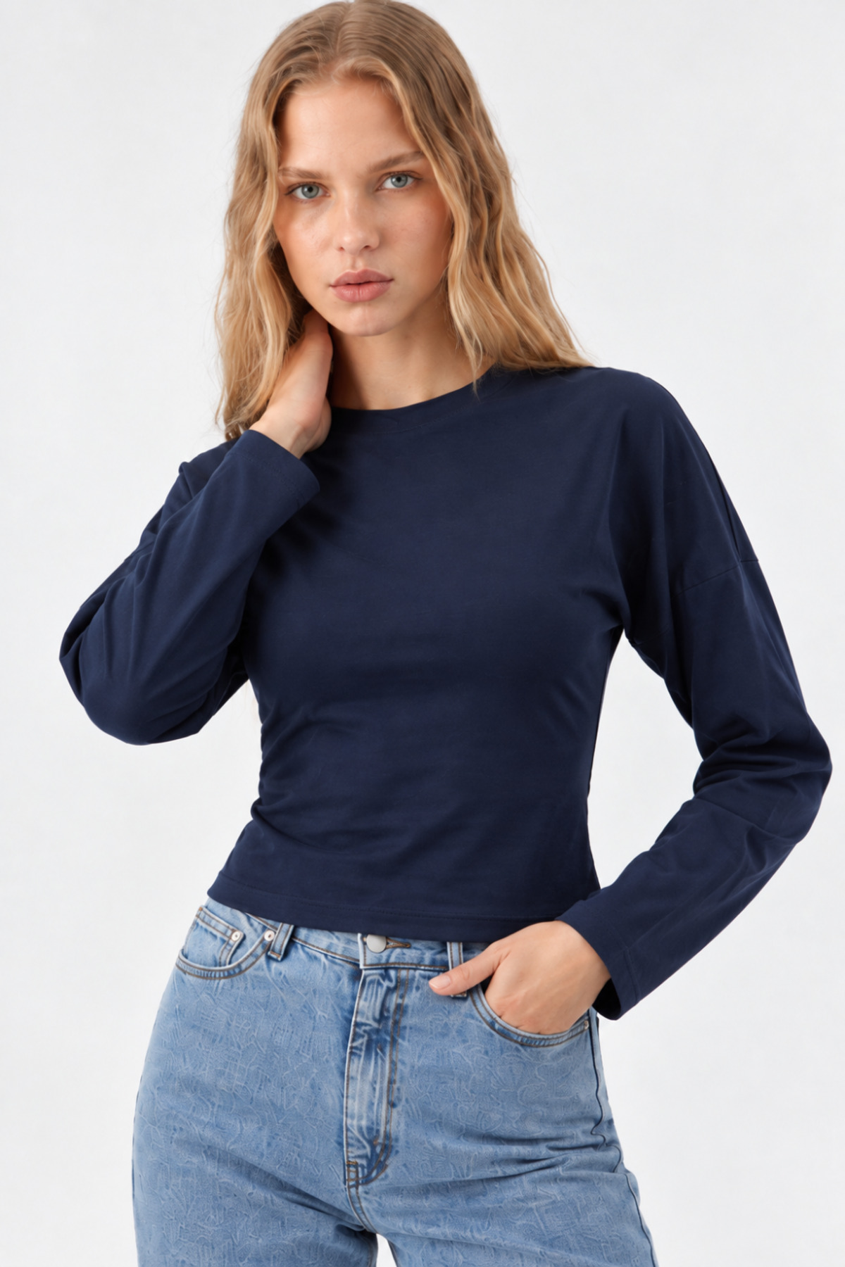 Lacivert Bisiklet Yaka Uzun Kollu Crop Bluz 4