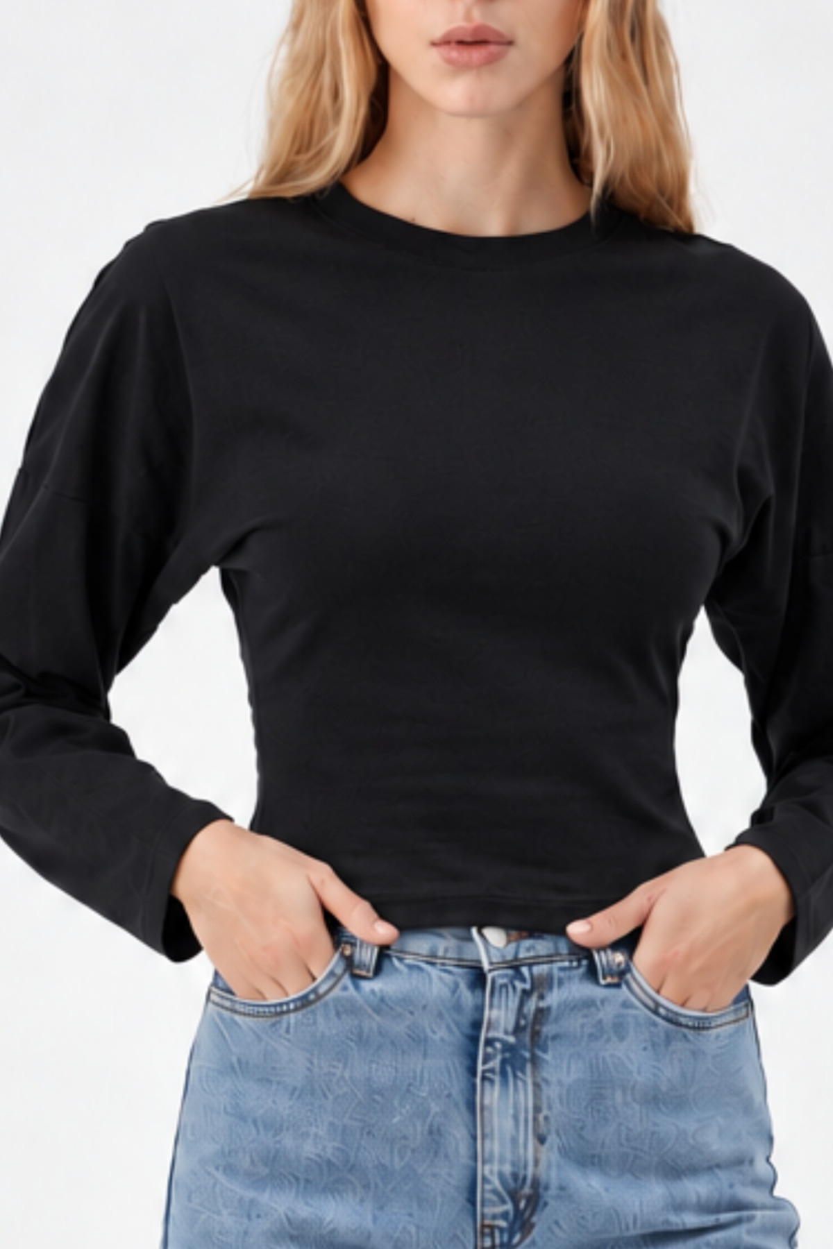 Siyah Bisiklet Yaka Uzun Kollu Crop Bluz 5