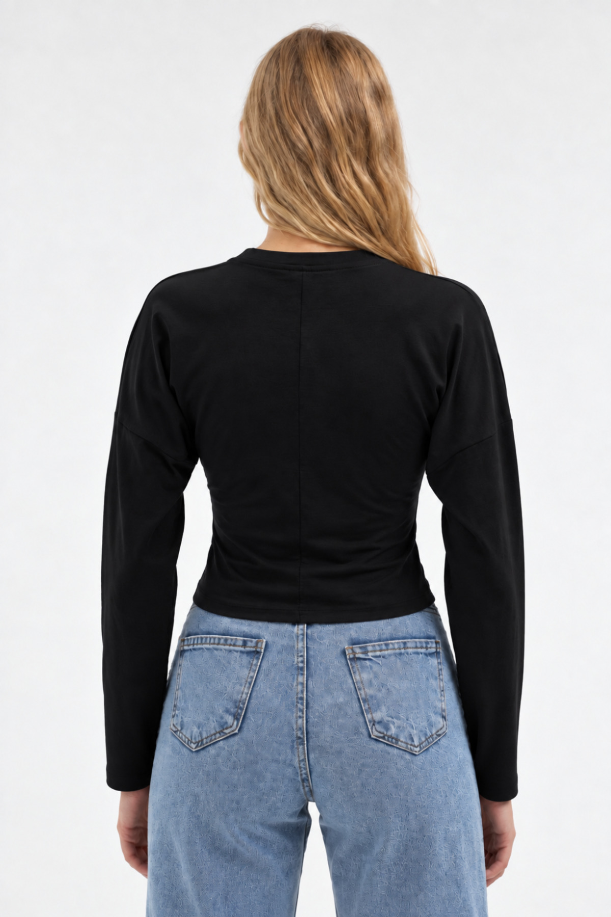 Siyah Bisiklet Yaka Uzun Kollu Crop Bluz 3