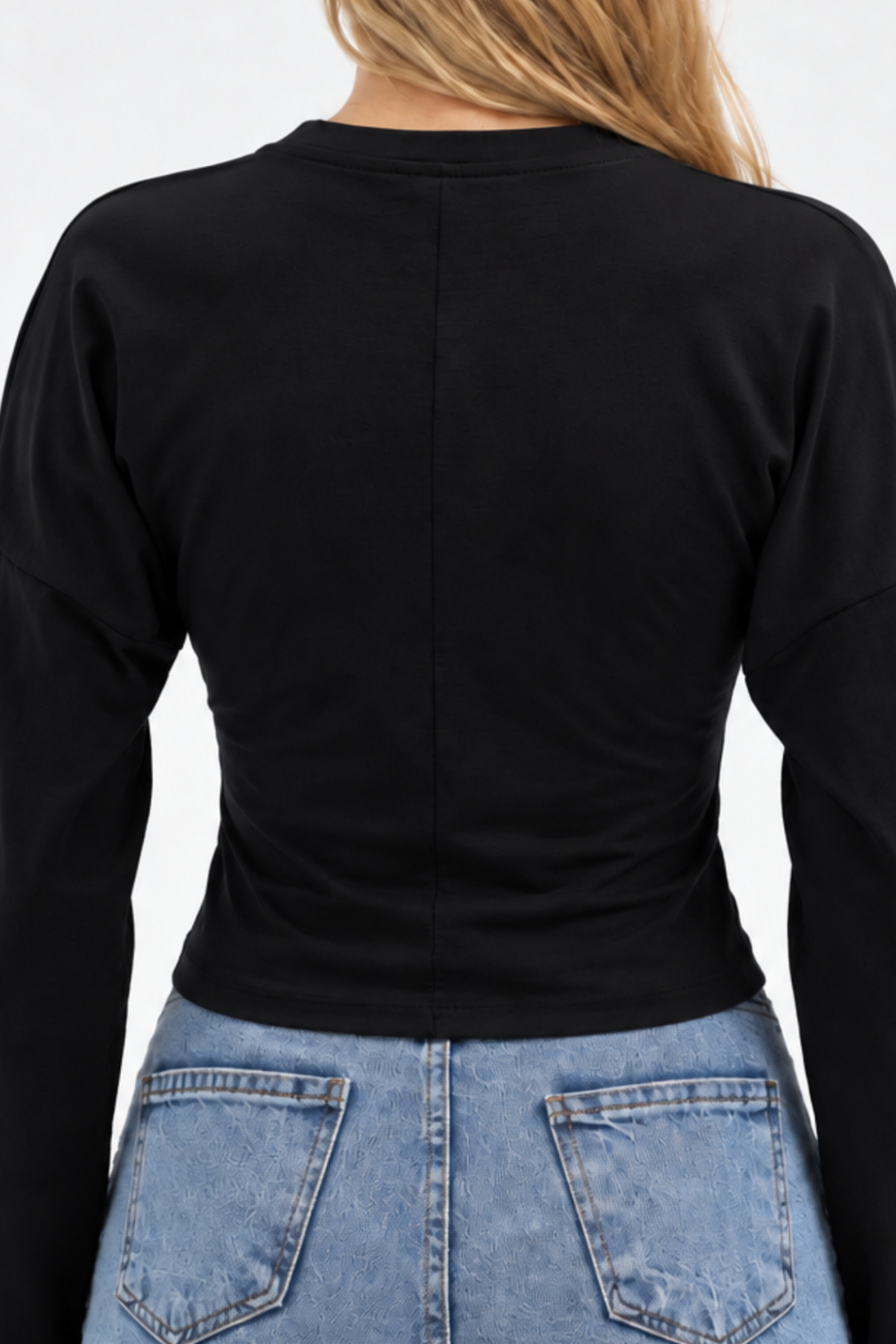 Siyah Bisiklet Yaka Uzun Kollu Crop Bluz 6