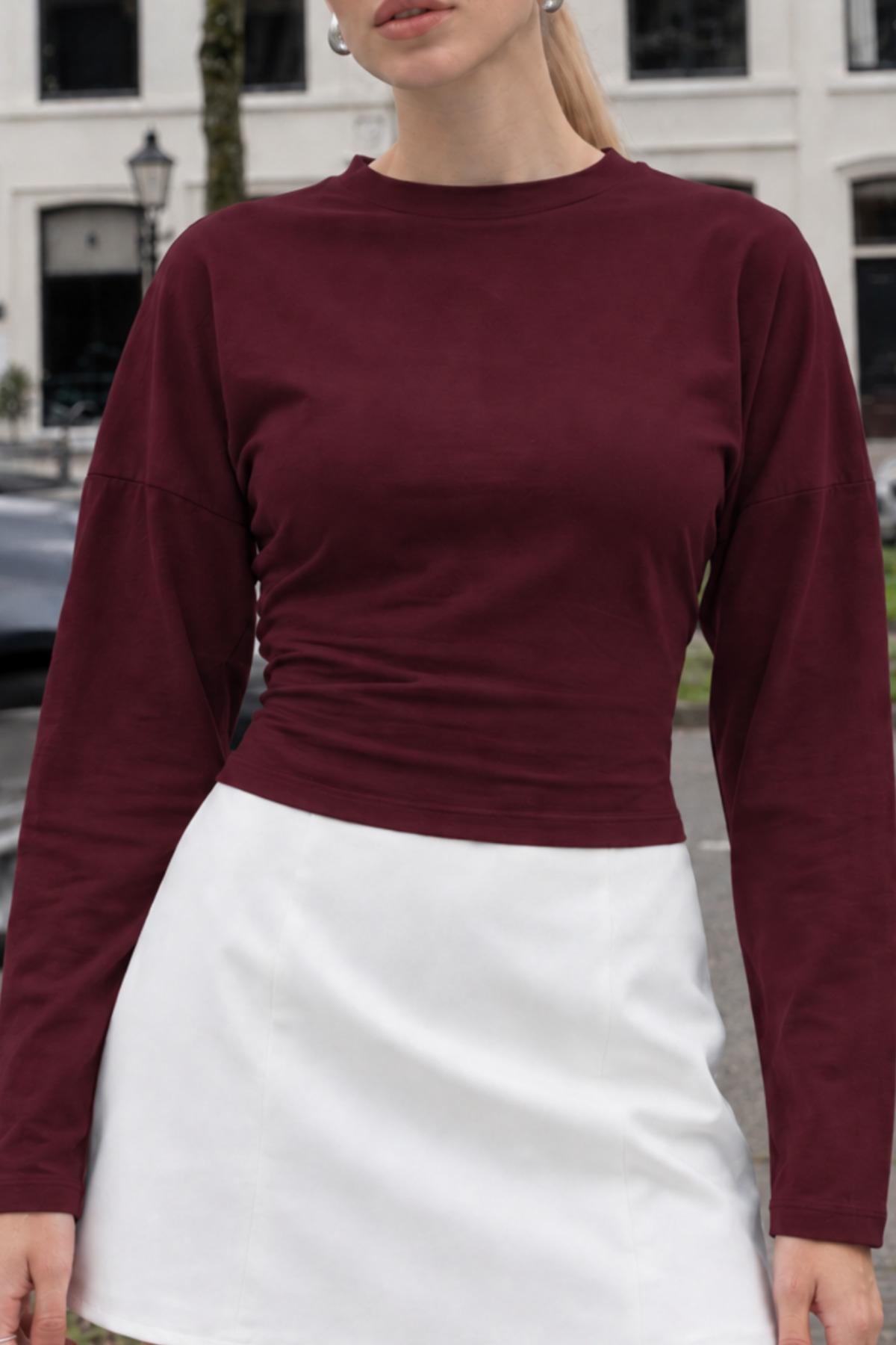 Kadın Günlük Giyim Bordo Crop Uzun Kol Bluz 5