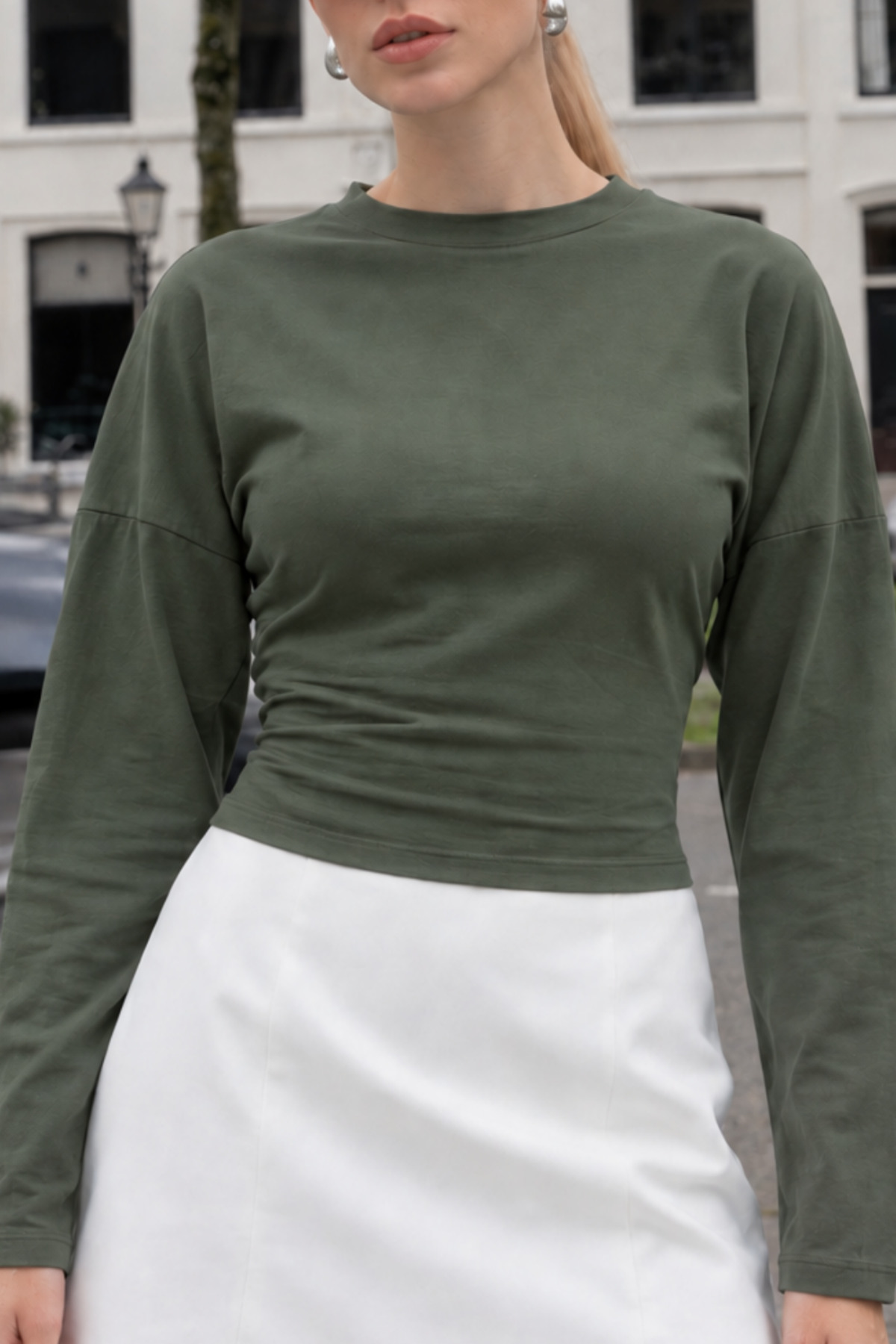 Kadın Günlük Giyim Haki Crop Uzun Kol Bluz 5