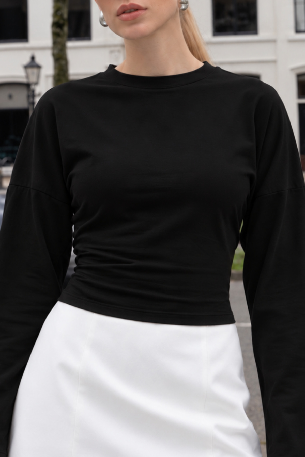 Kadın Günlük Giyim Siyah Crop Uzun Kol Bluz 5
