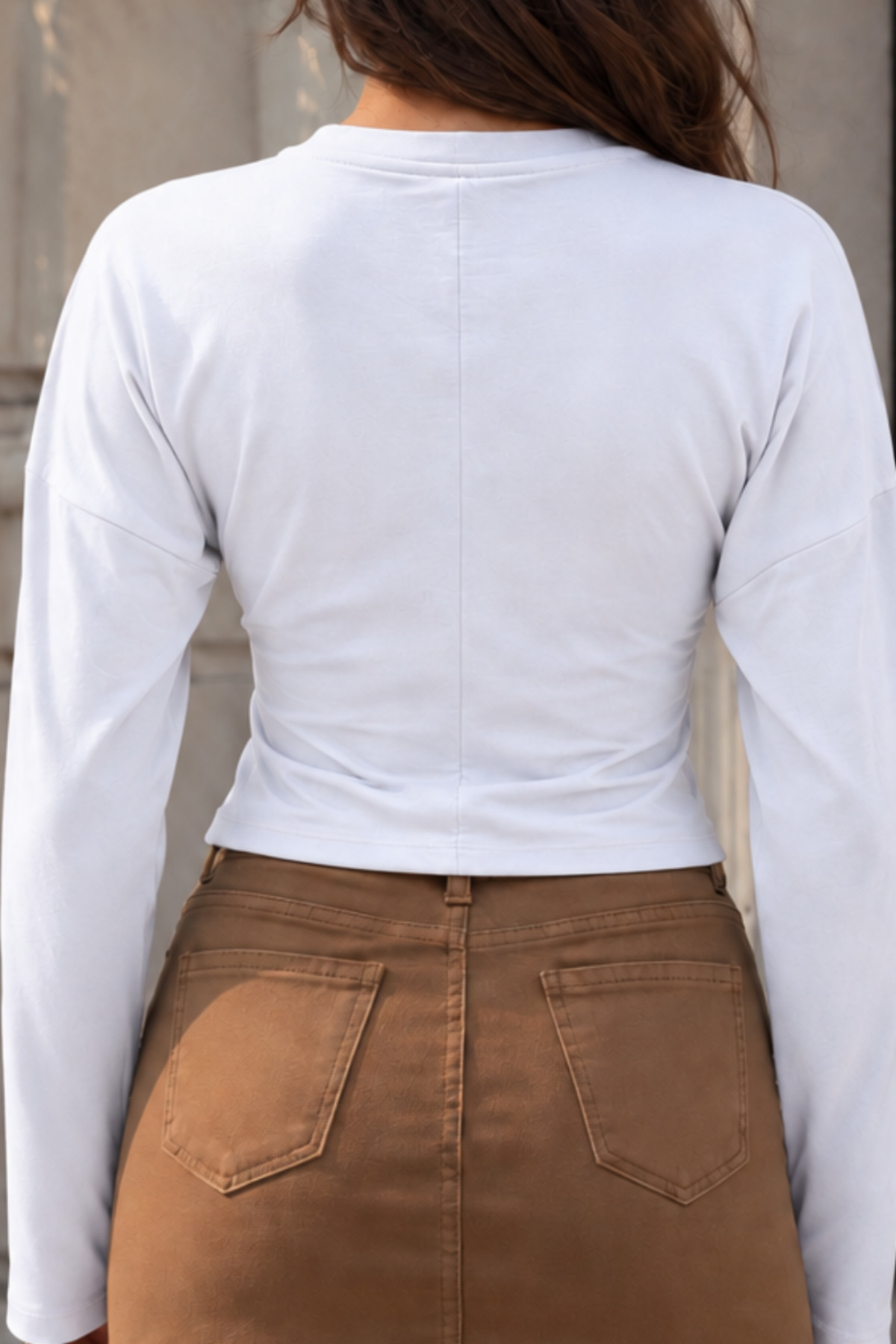 Beyaz Slim Fit Uzun Kollu Crop Bluz 6