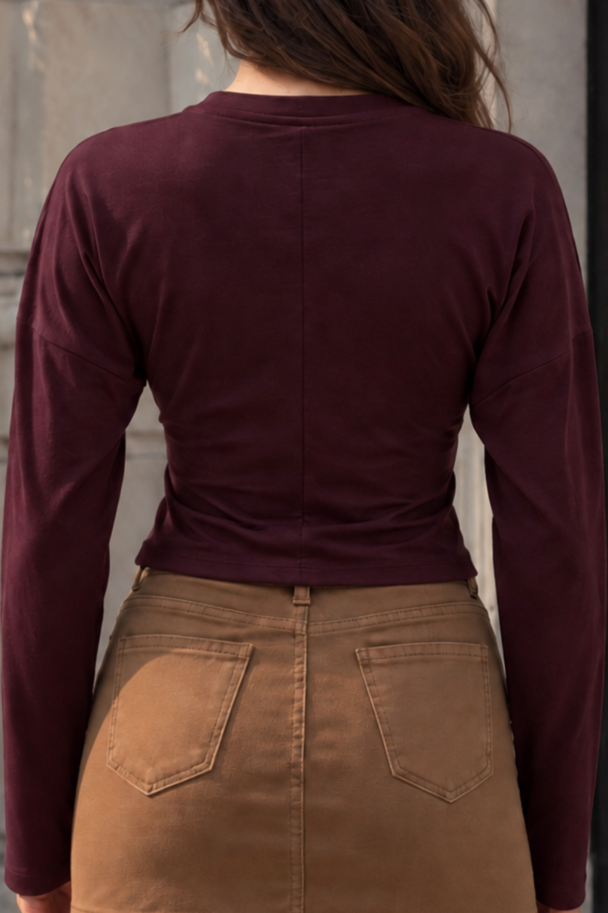 Bordo Slim Fit Uzun Kollu Crop Bluz 6