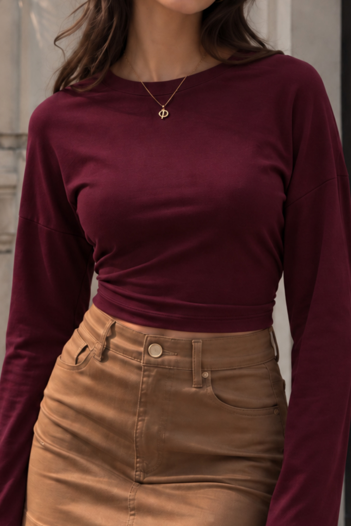 Bordo Slim Fit Uzun Kollu Crop Bluz 5