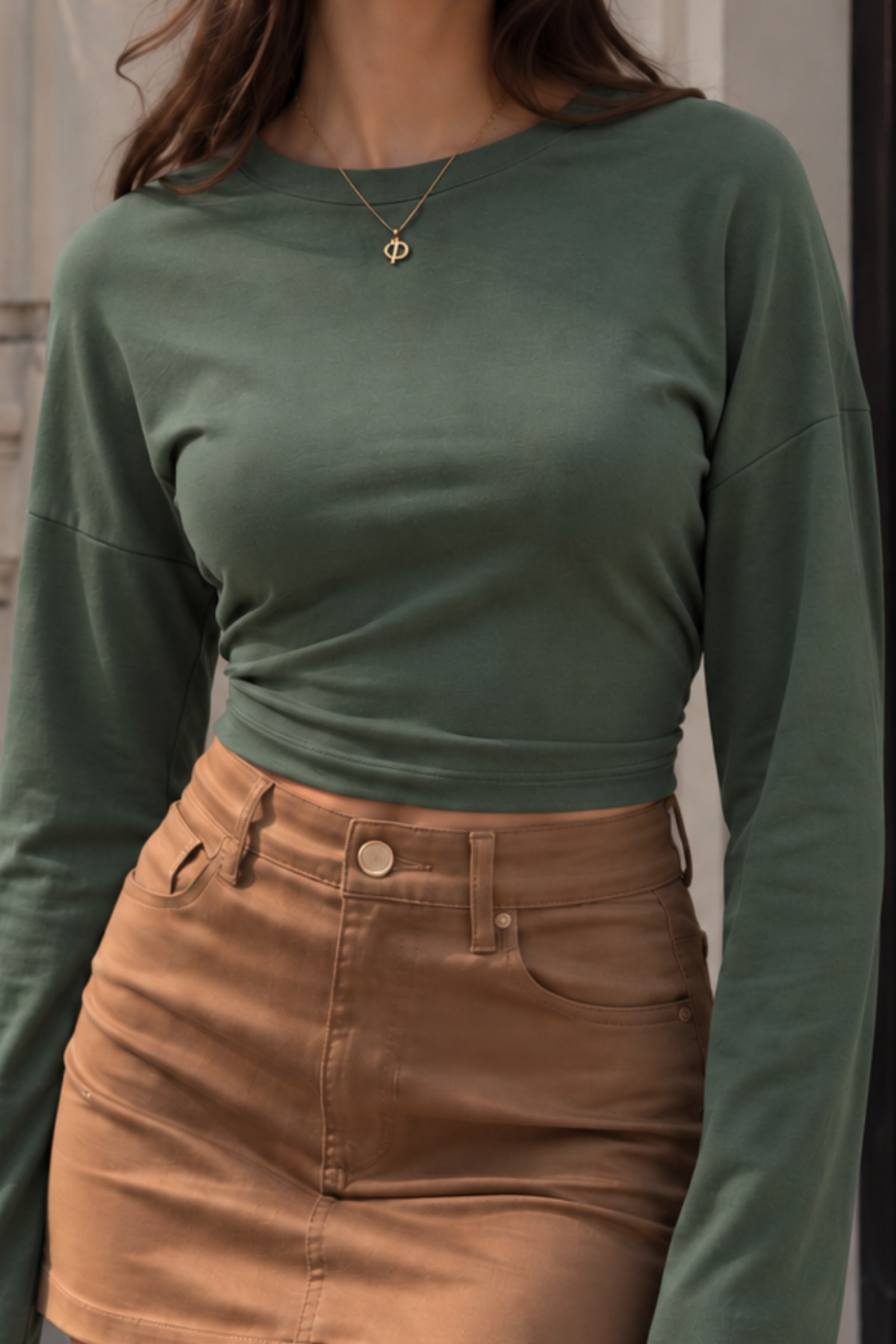 Haki Slim Fit Uzun Kollu Crop Bluz 5