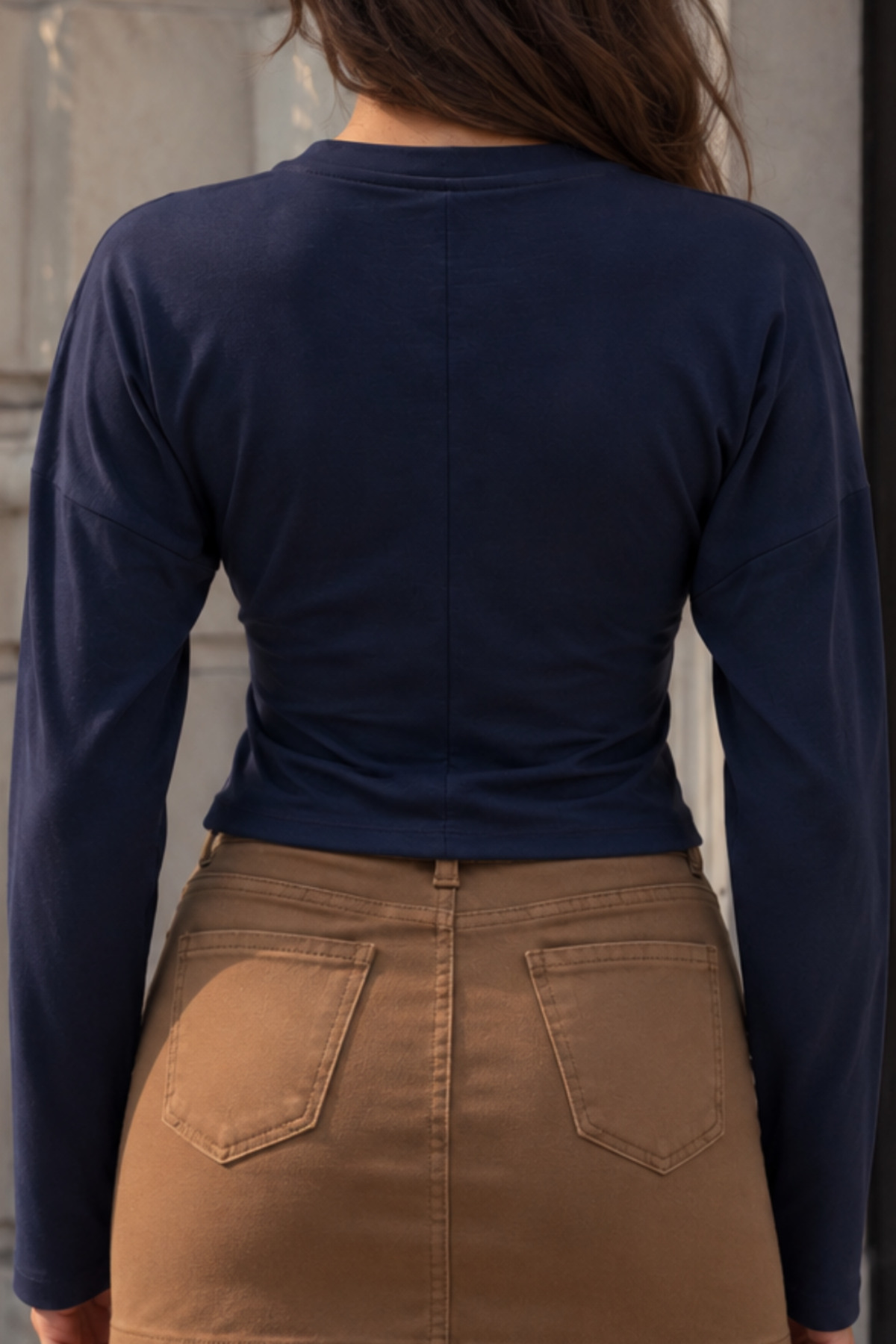 Lacivert Slim Fit Uzun Kollu Crop Bluz 6