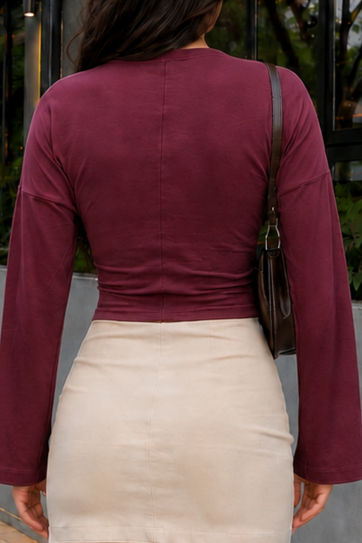 Bordo Düşük Omuz Fitted Basic Crop Üst 6