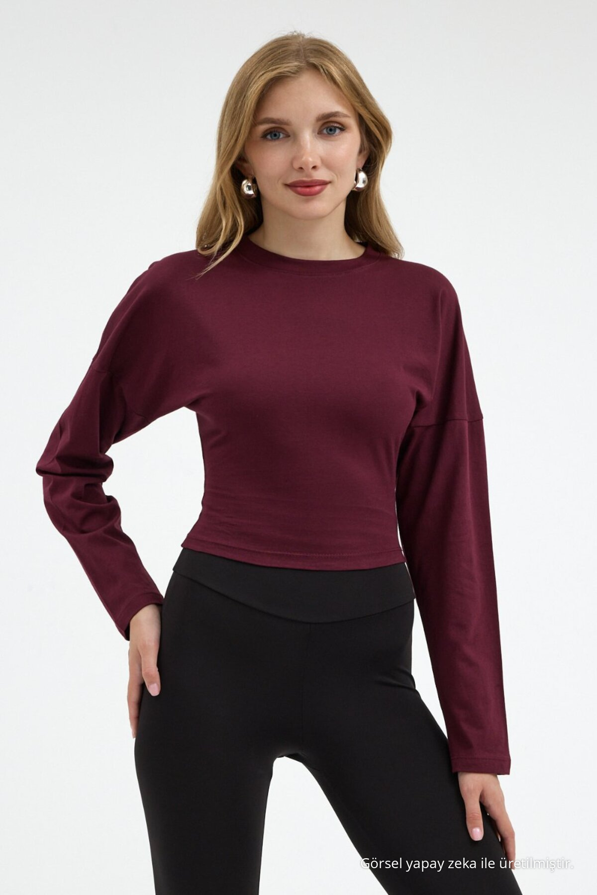 Kadın Uzun Kol Bele Oturan Bordo Crop Bluz 3