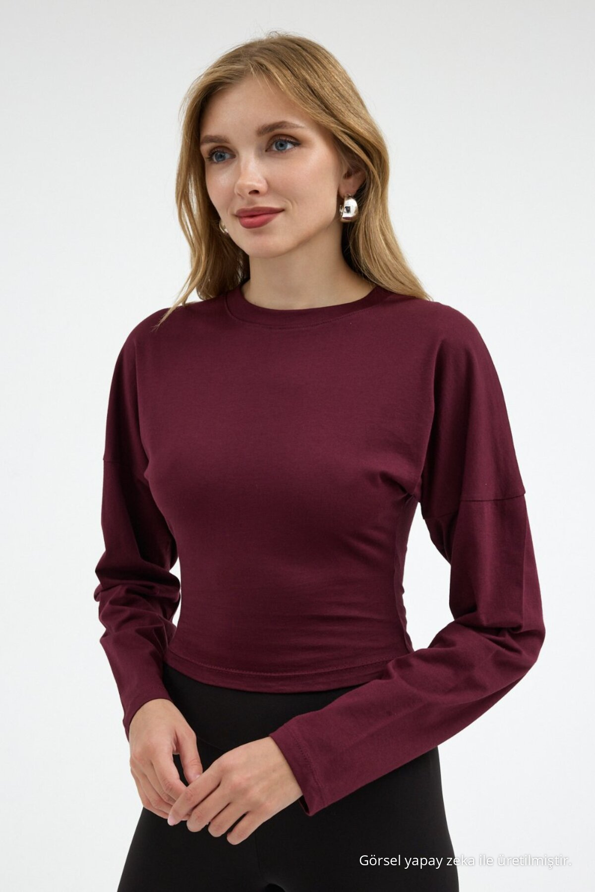 Kadın Uzun Kol Bele Oturan Bordo Crop Bluz 5