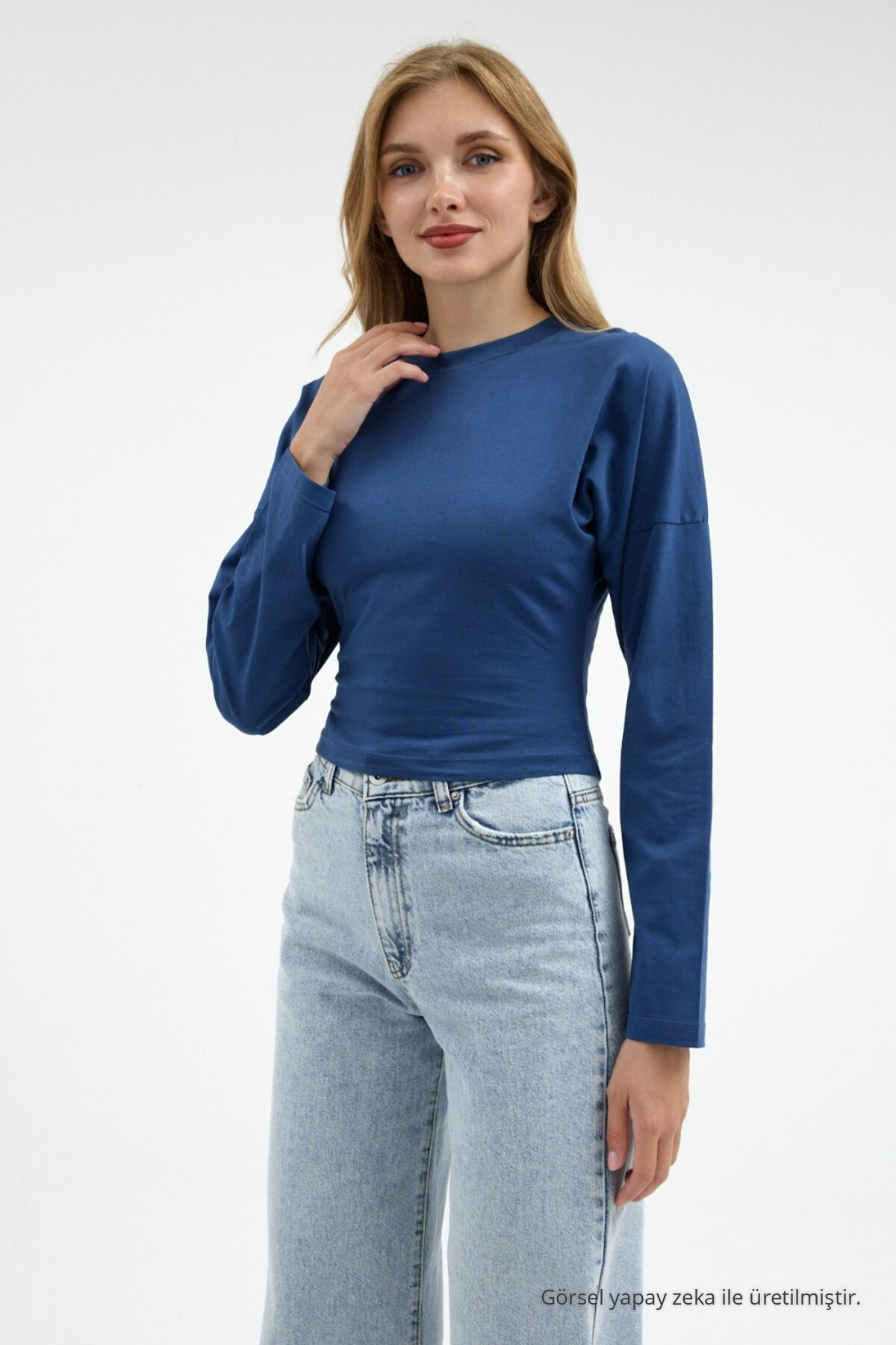 Kadın Uzun Kol Bele Oturan Mavi Crop Bluz 6