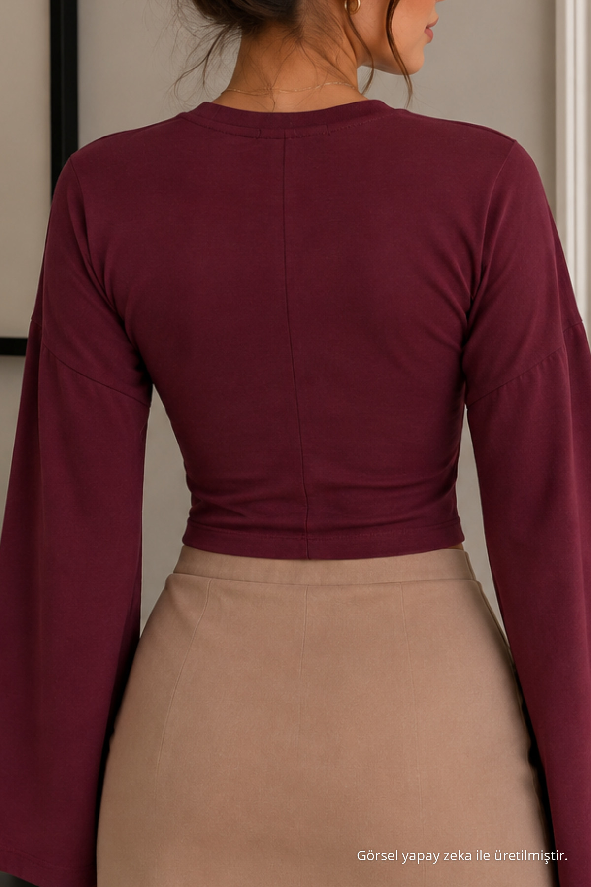 Kadın Slim Düşük Omuz Bordo Pamuklu Bluz 6