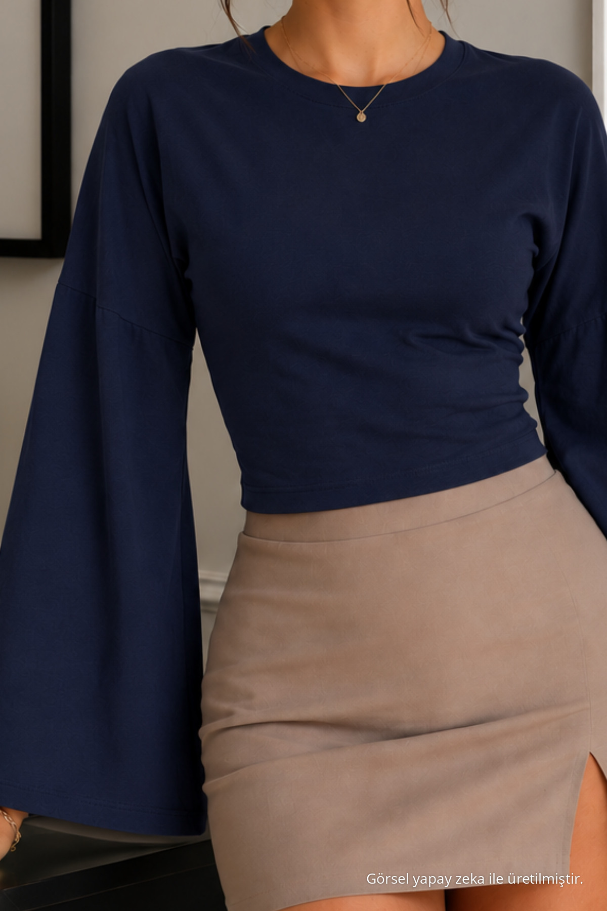 Kadın Slim Düşük Omuz Lacivert Pamuklu Bluz 5