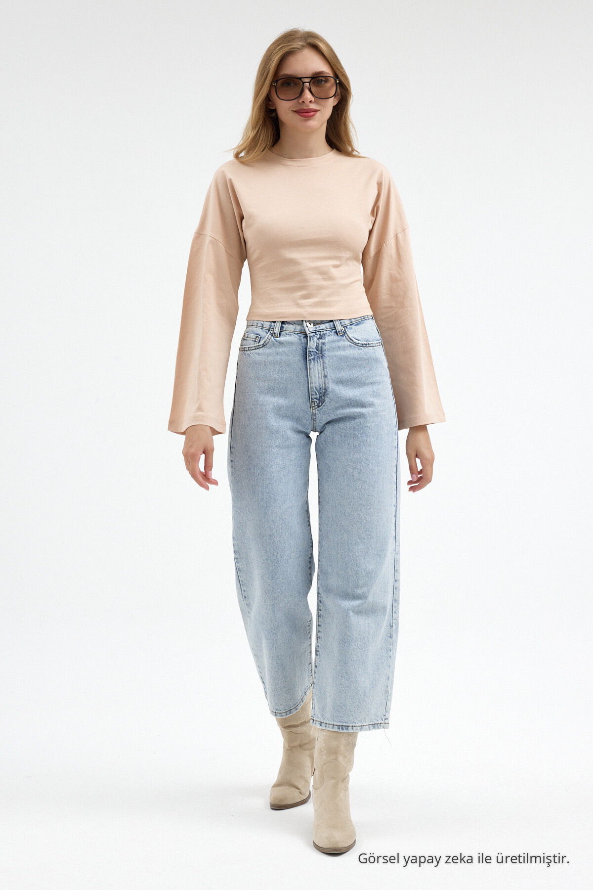 Kadın Basic Geniş Kol Bej Crop Bluz 5