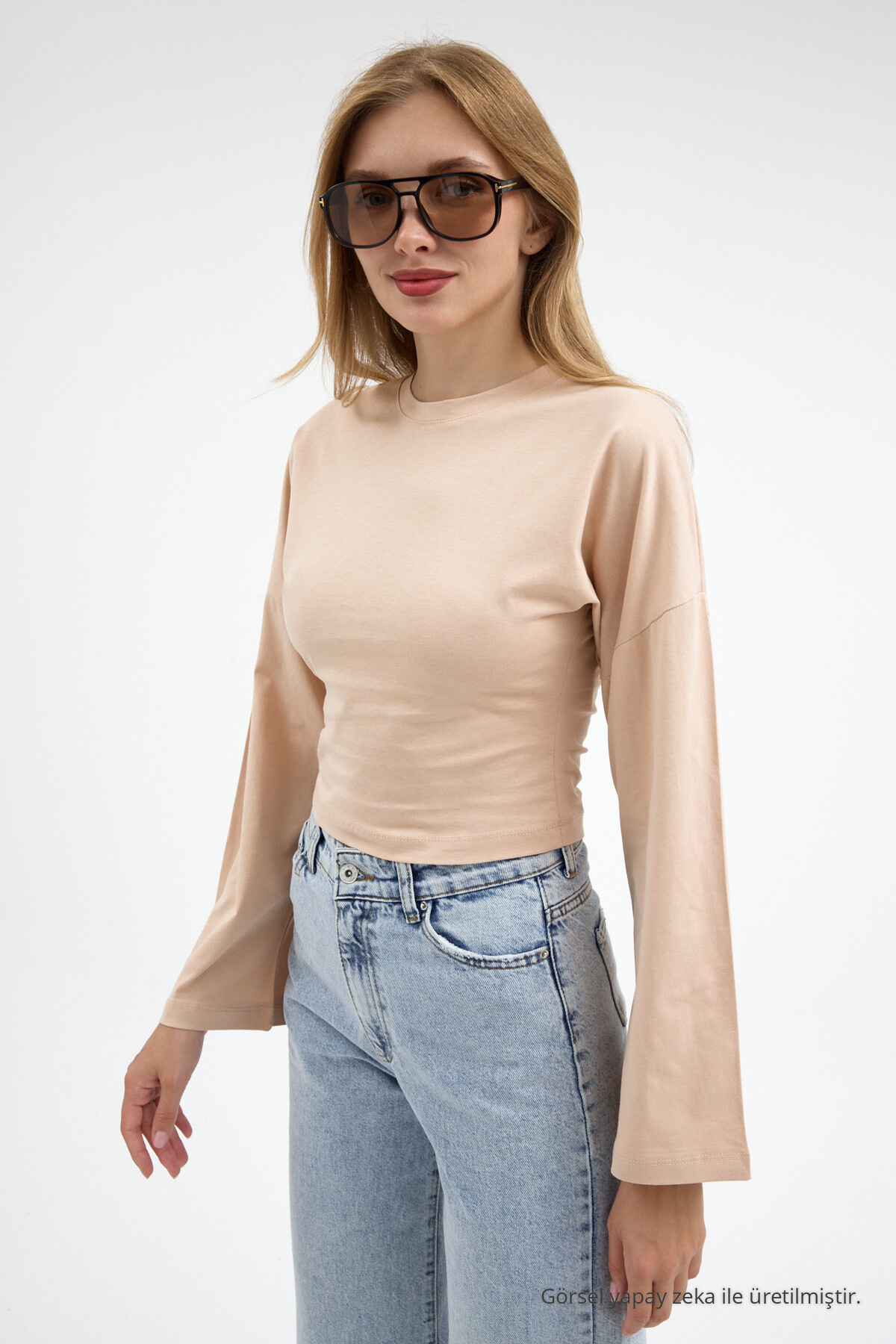 Kadın Basic Geniş Kol Bej Crop Bluz 6