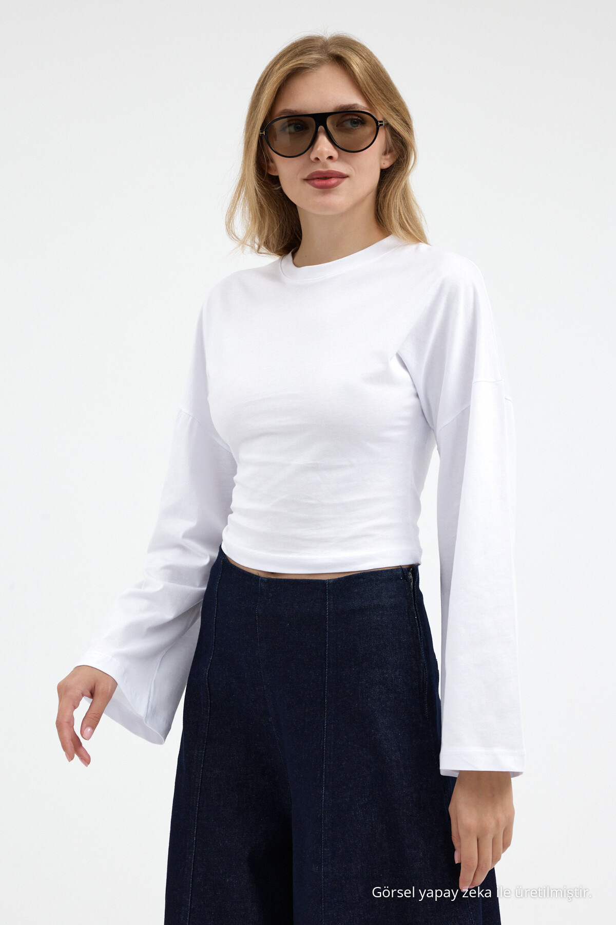 Kadın Basic Geniş Kol Beyaz Crop Bluz 4