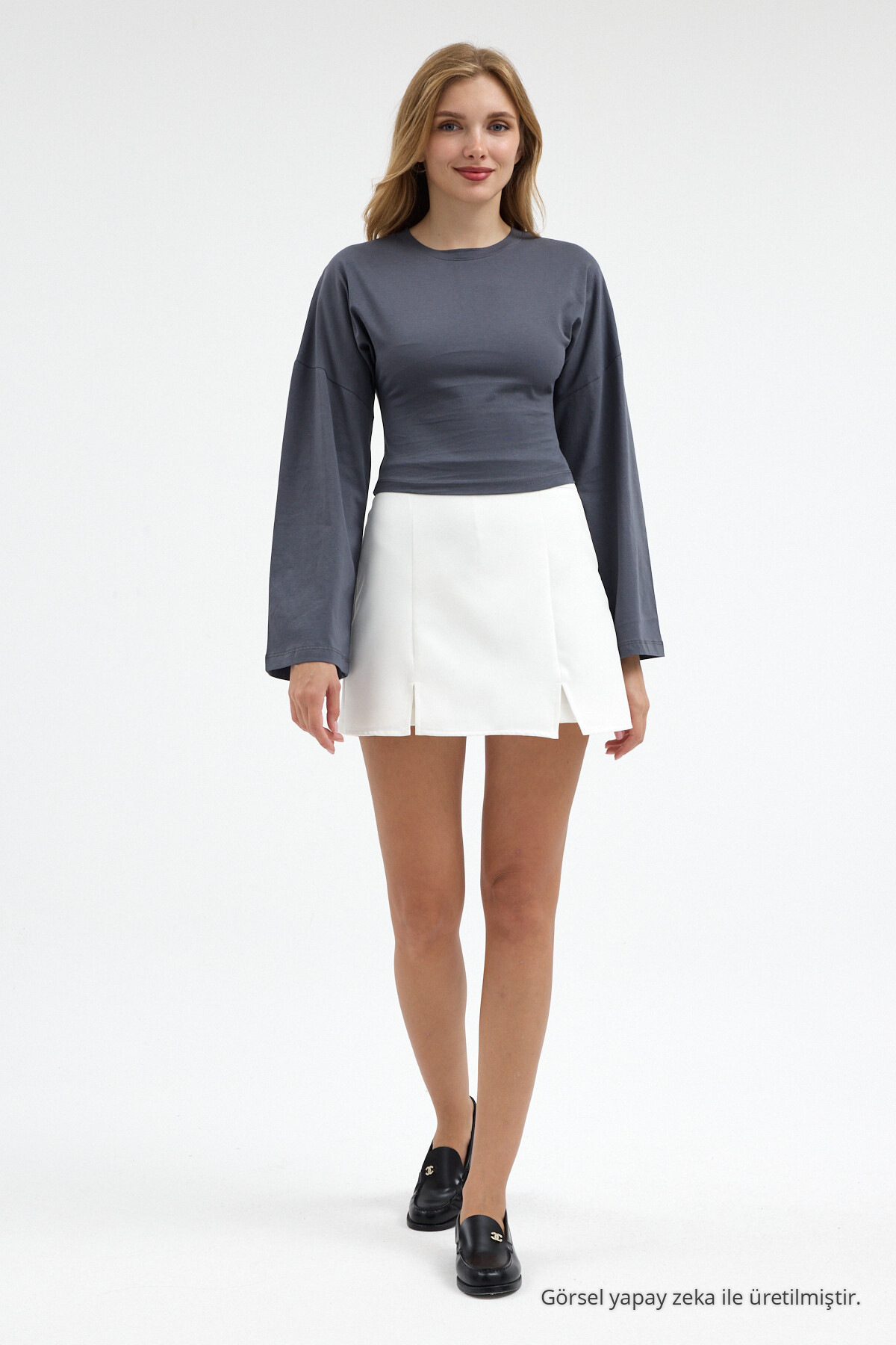 Kadın Basic Geniş Kol Füme Crop Bluz 5