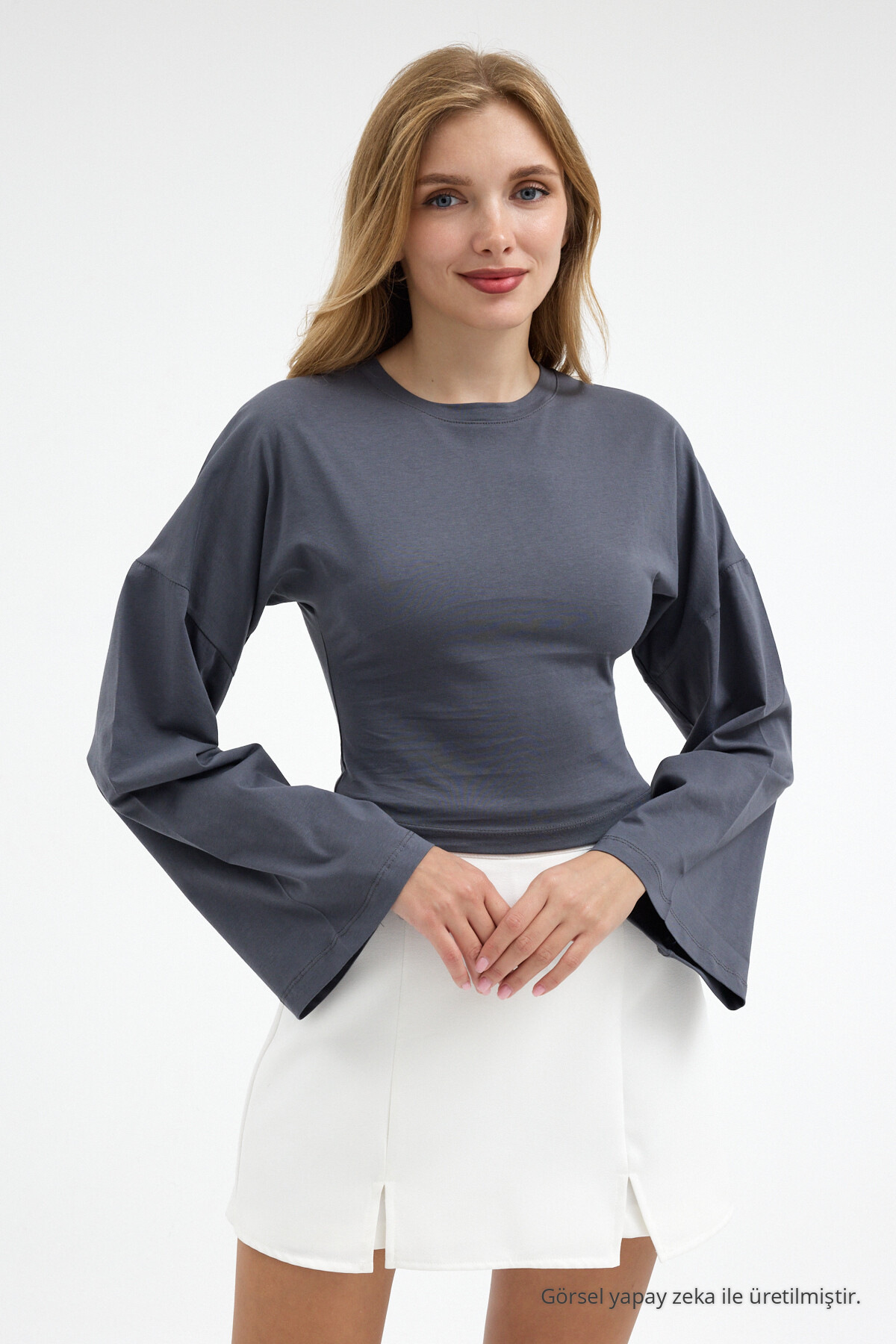 Kadın Basic Geniş Kol Füme Crop Bluz 3