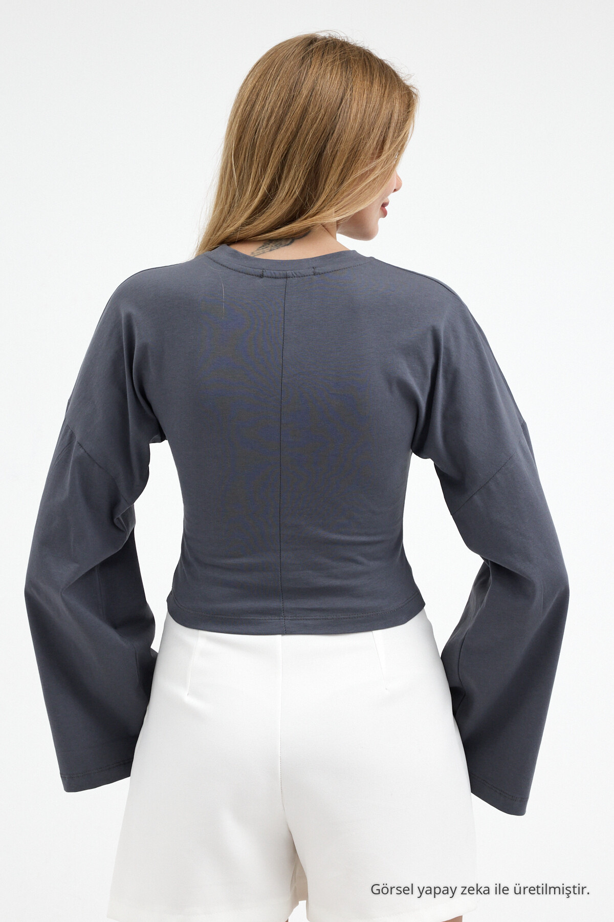 Kadın Basic Geniş Kol Füme Crop Bluz 4