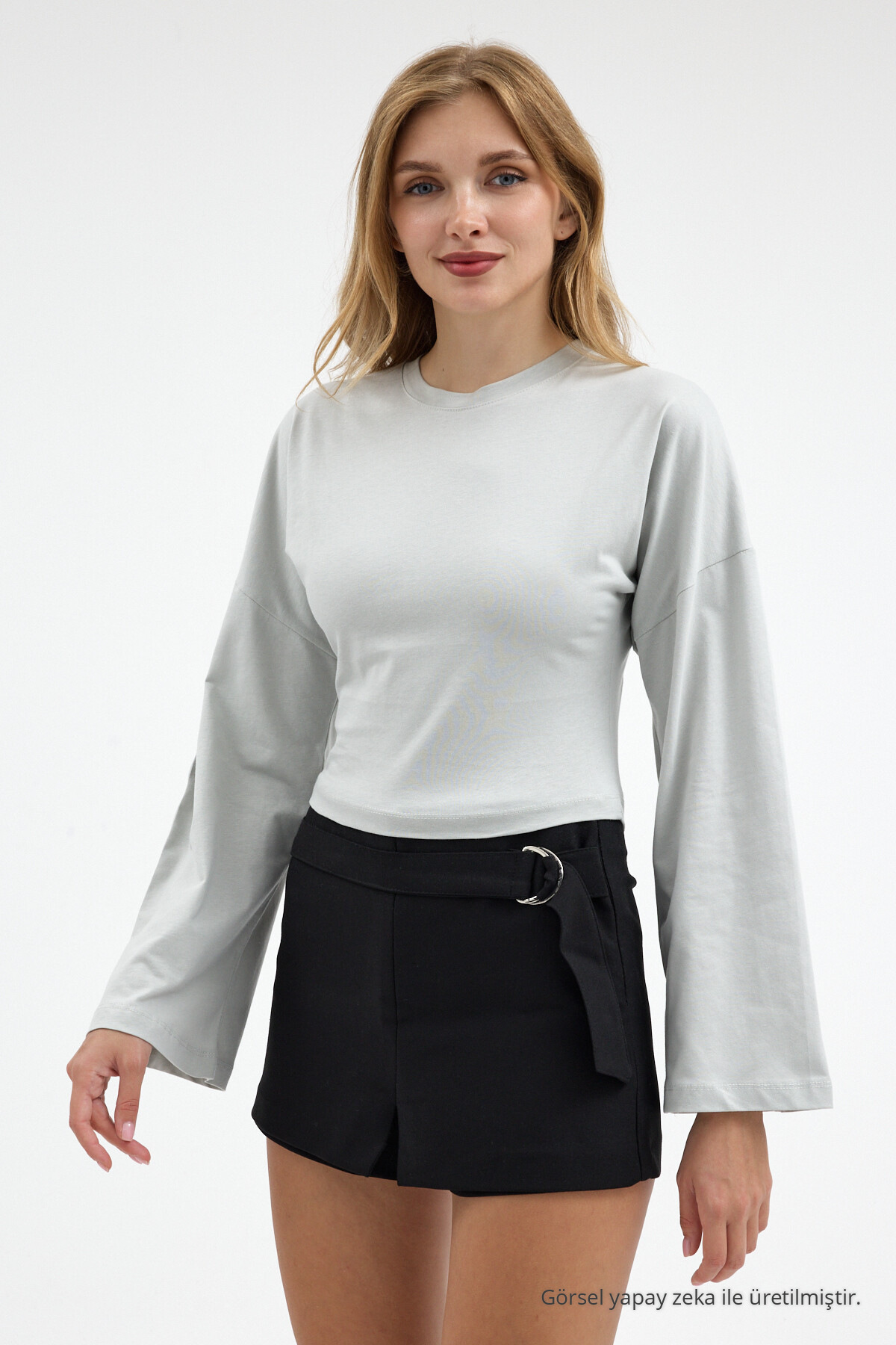 Kadın Basic Geniş Kol Gri Crop Bluz 5