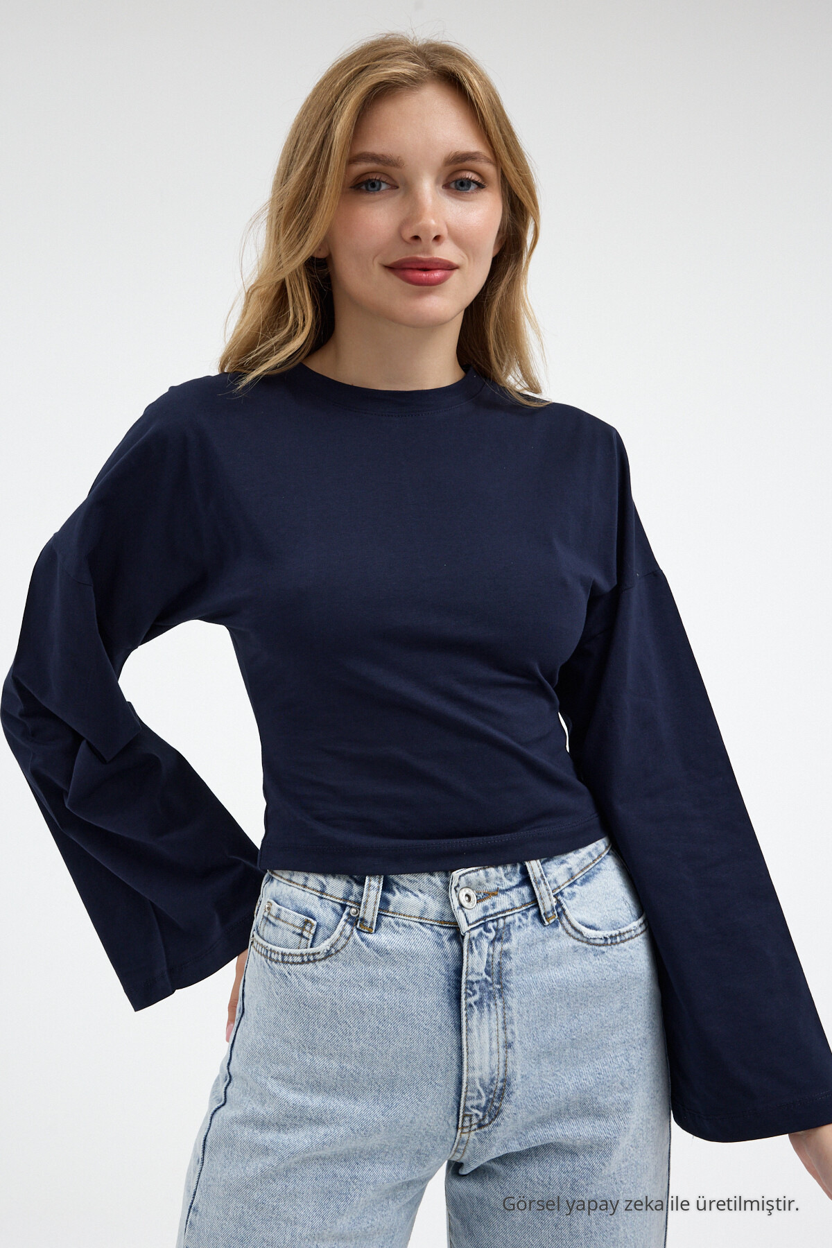 Kadın Basic Geniş Kol Lacivert Crop Bluz 6
