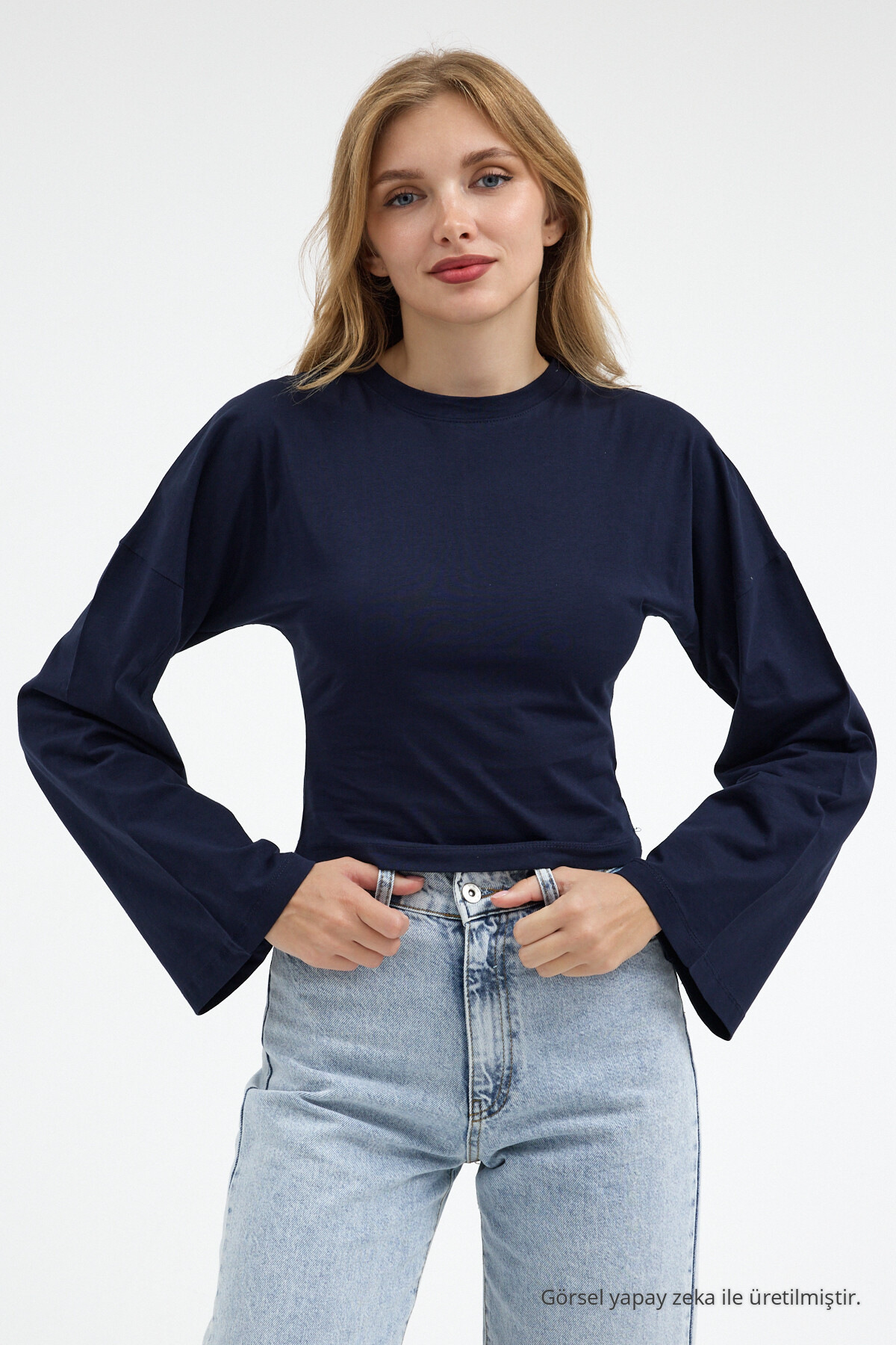 Kadın Basic Geniş Kol Lacivert Crop Bluz 5