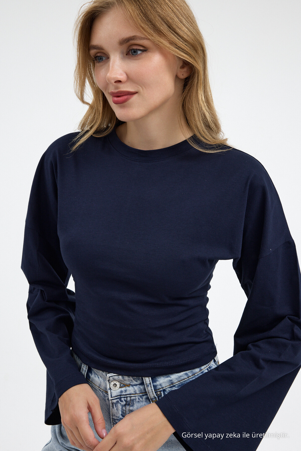 Kadın Basic Geniş Kol Lacivert Crop Bluz 3
