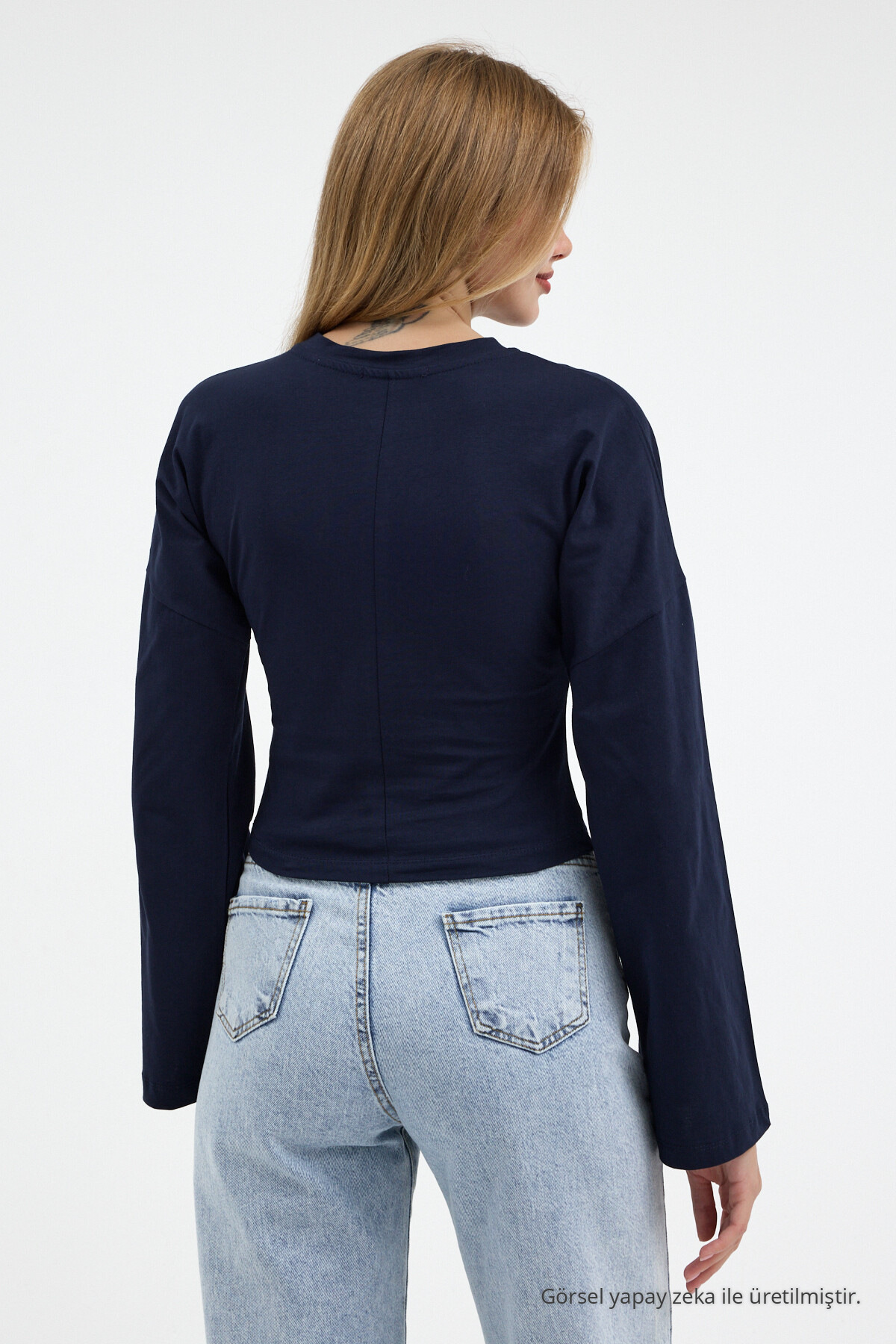 Kadın Basic Geniş Kol Lacivert Crop Bluz 4