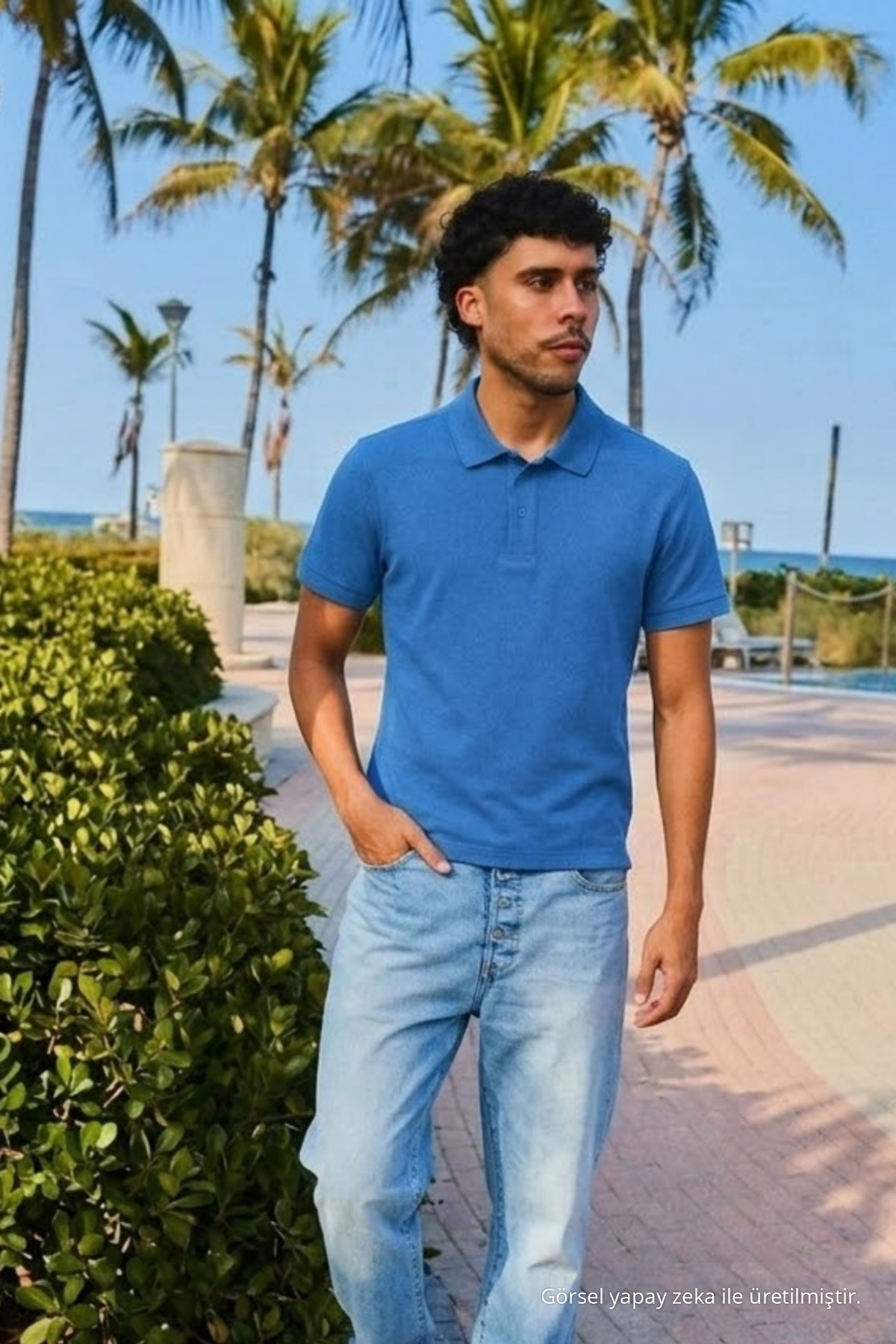 Erkek Kısa Kollu Açık Mavi Bol Polo Yaka Tişört 5