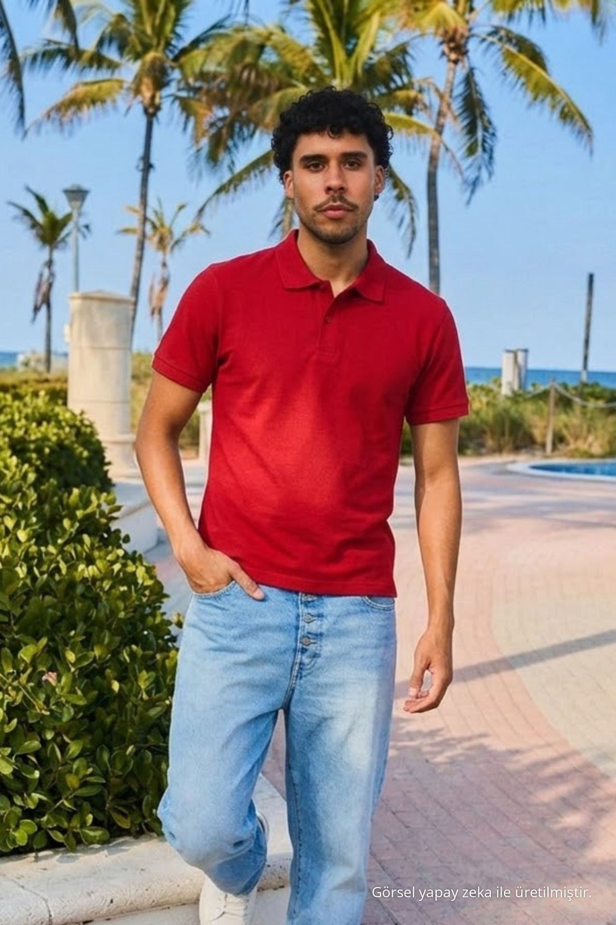 Erkek Kısa Kol Kırmızı Bol Polo Yaka Tişört 3