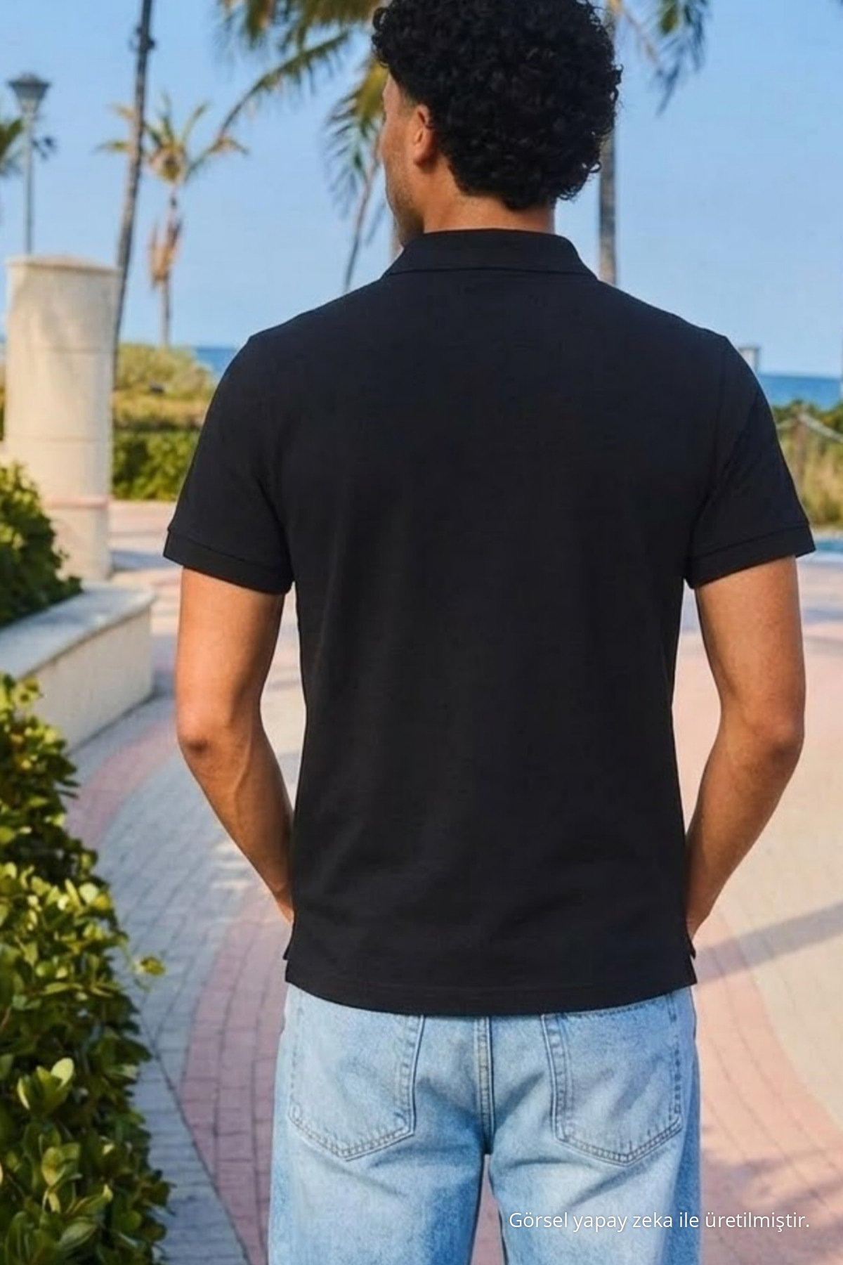 Erkek Kısa Kollu Siyah Bol Polo Yaka Tişört 5