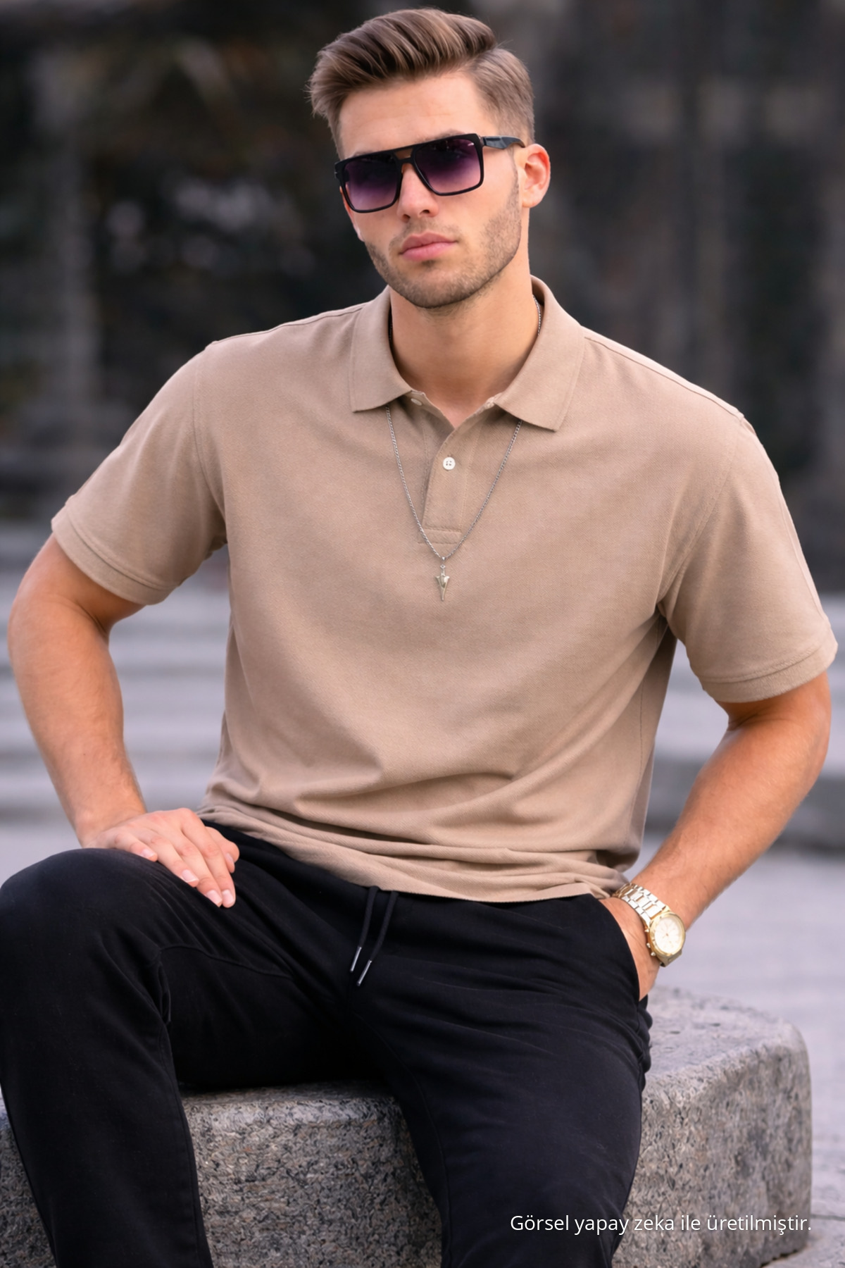 Erkek Basic Relax Krem Polo Yaka Tişört 4