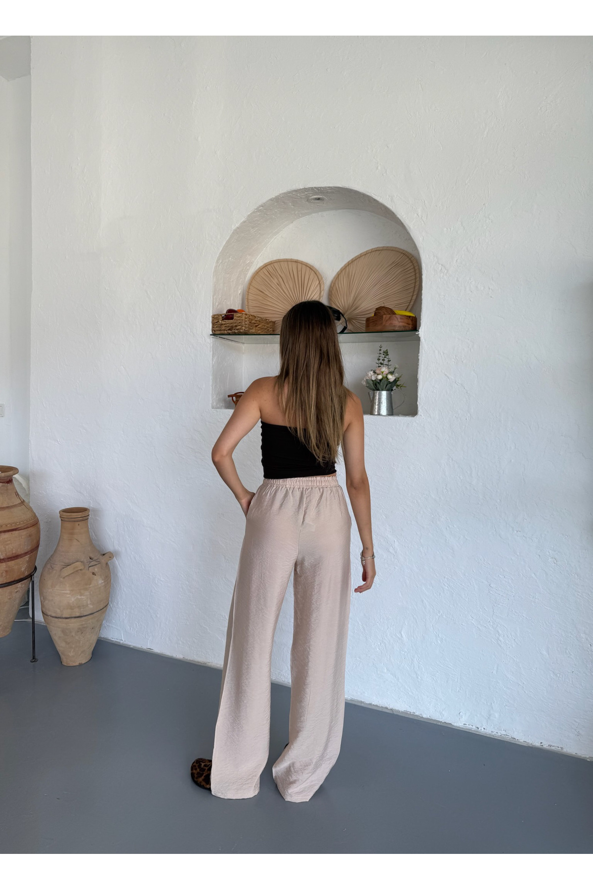 Kadın Bol Paça Beli Lastikli Krem Pantolon 6