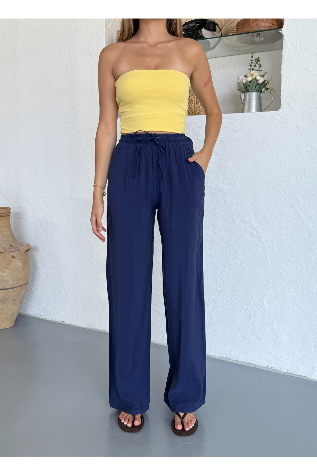 Kadın Bol Paça Beli Lastikli Baggy Pantolon Lacivert 5