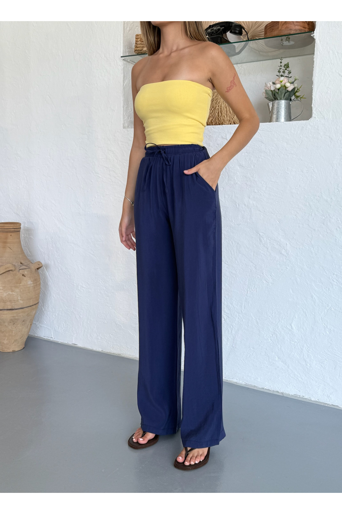 Kadın Bol Paça Beli Lastikli Baggy Pantolon Lacivert 3