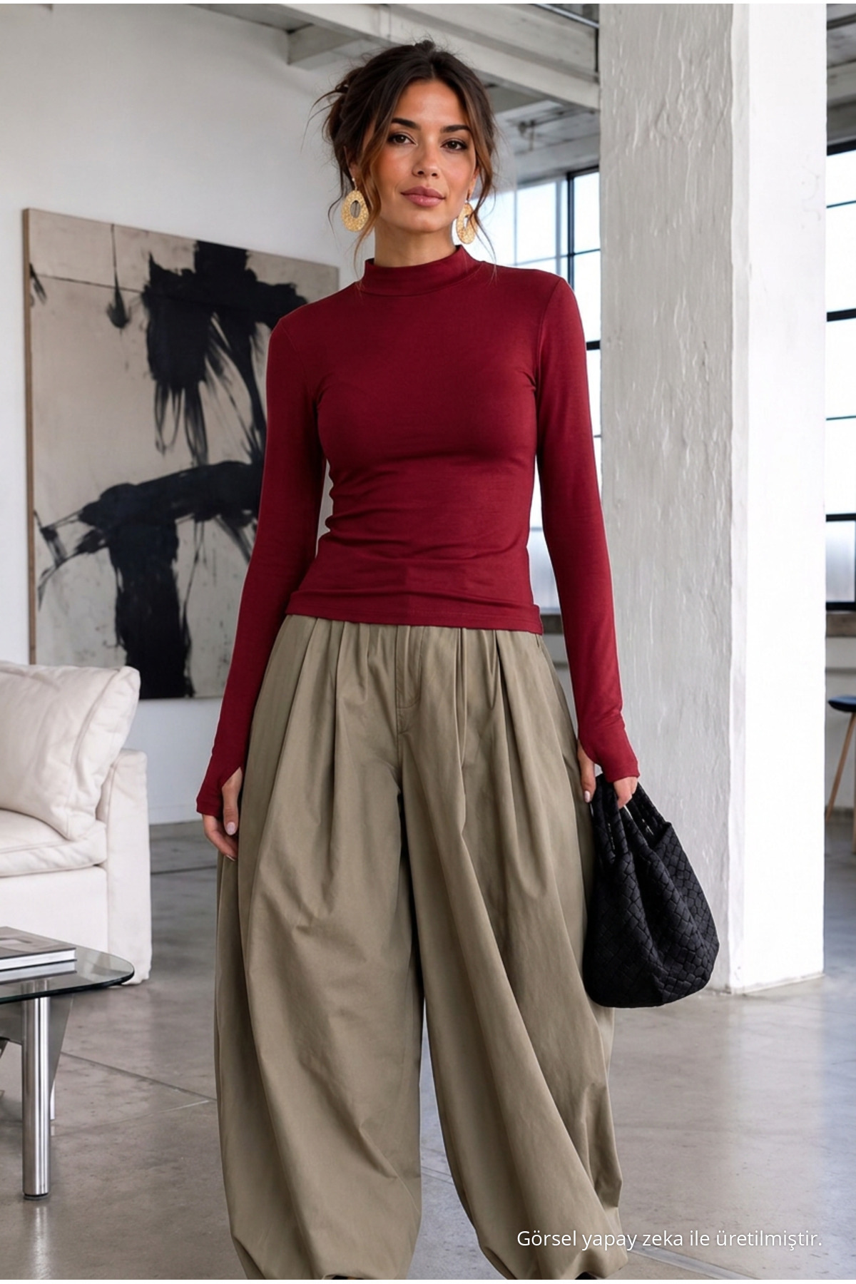 Kadın Slim Kesim Viskonlu Casual Bordo Bluz 4