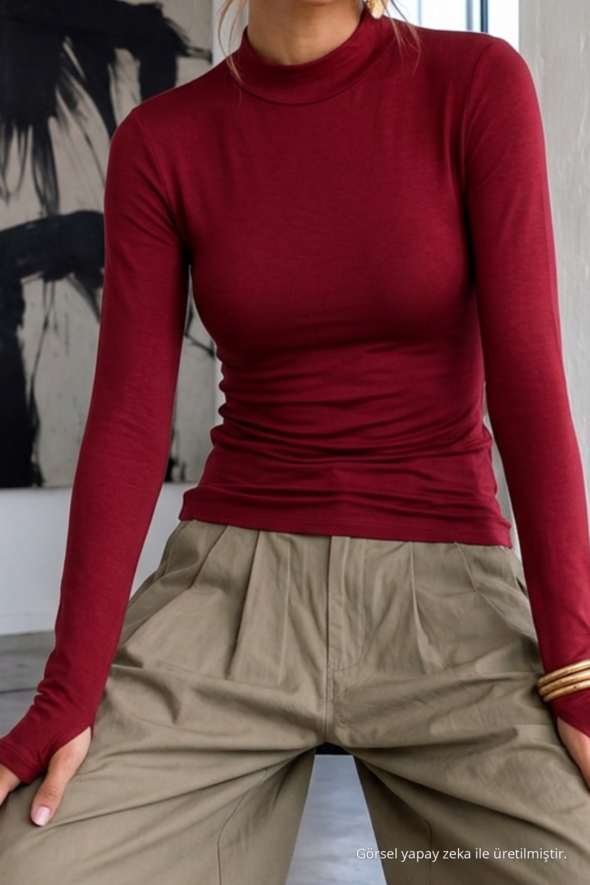Kadın Slim Kesim Viskonlu Casual Bordo Bluz 6