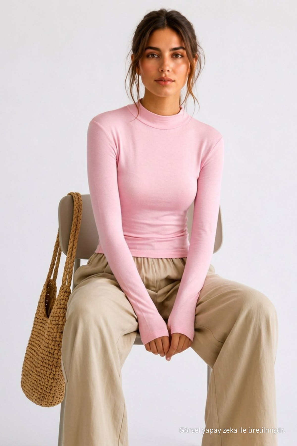 Kadın Bodycone Crop Uzun Kollu Pembe Bluz 3