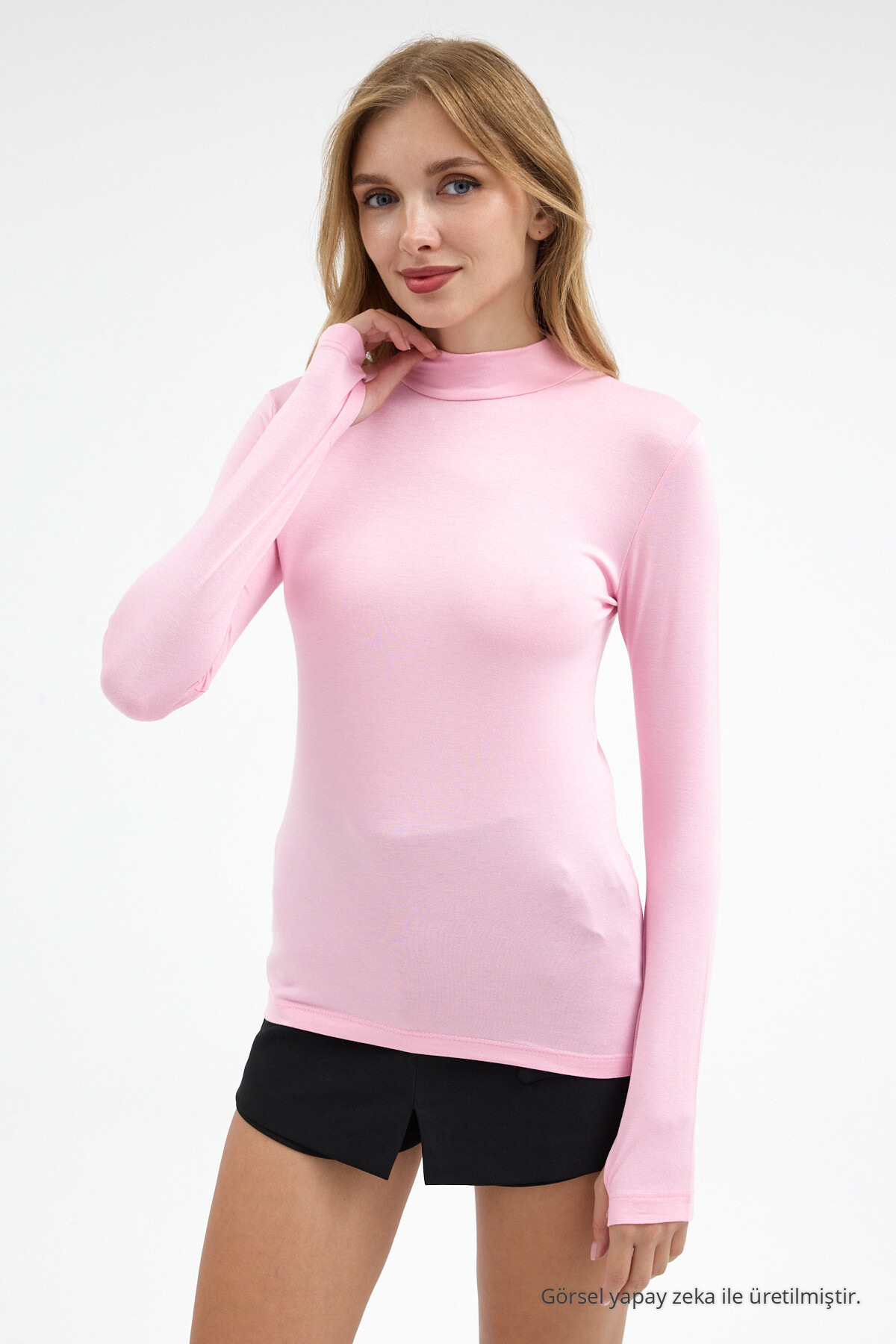 Kadın Yarım Balıkçı Yaka Basic Pembe Bluz 3