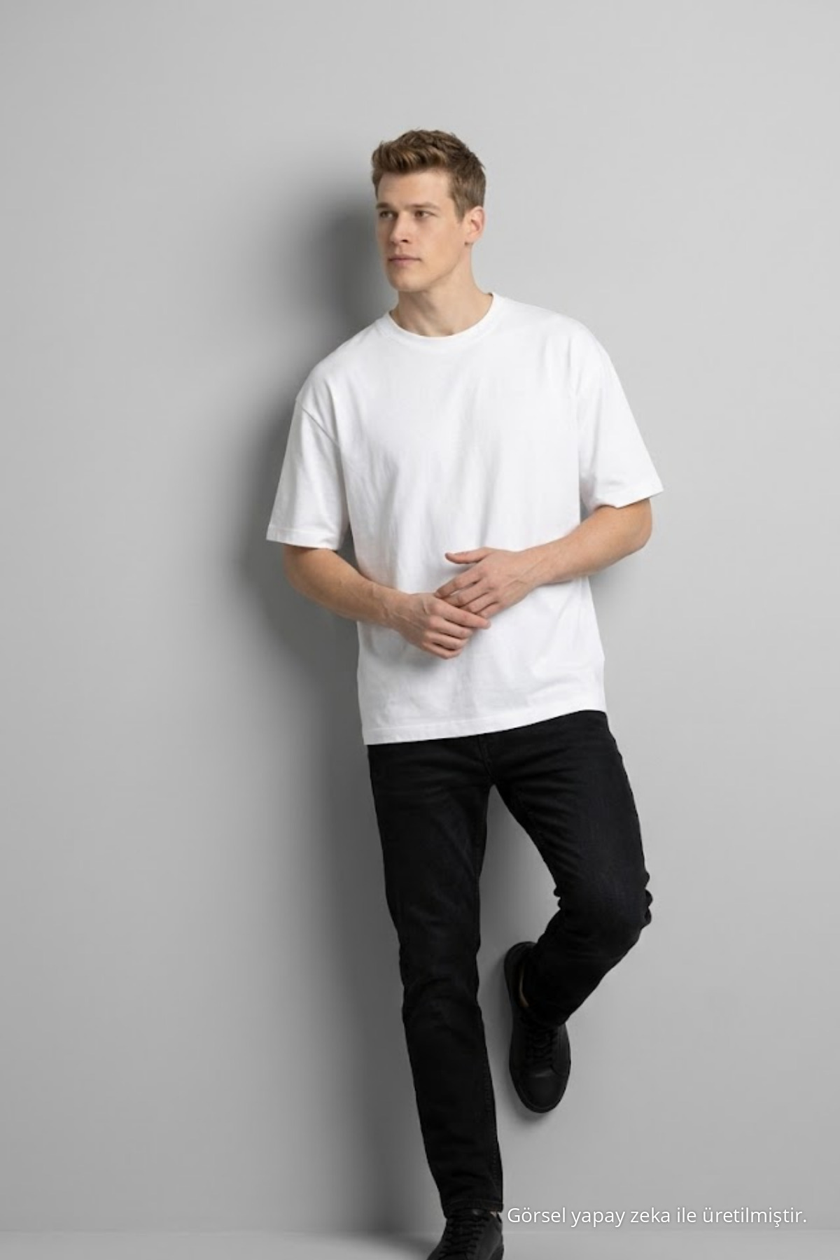 Erkek Pamuklu Ekru Oversize Tişört 4