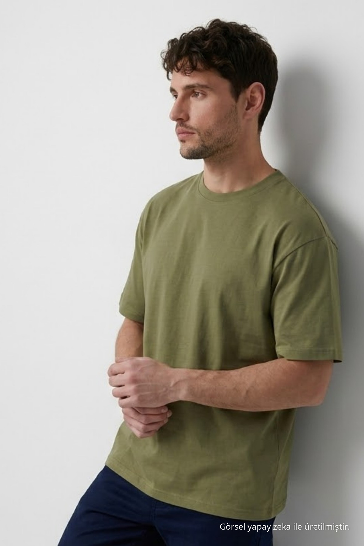 Erkek Bisiklet Yaka HAKİ Oversize Tişört 4