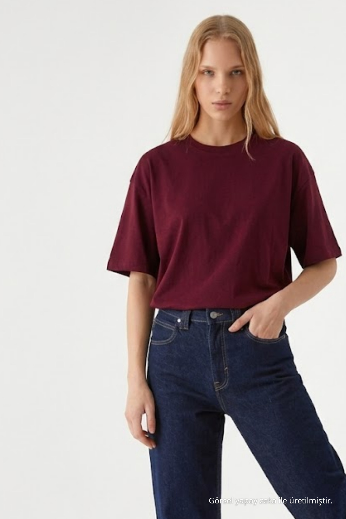 Kadın Bisiklet Yaka Bordo Oversize Tişört 3