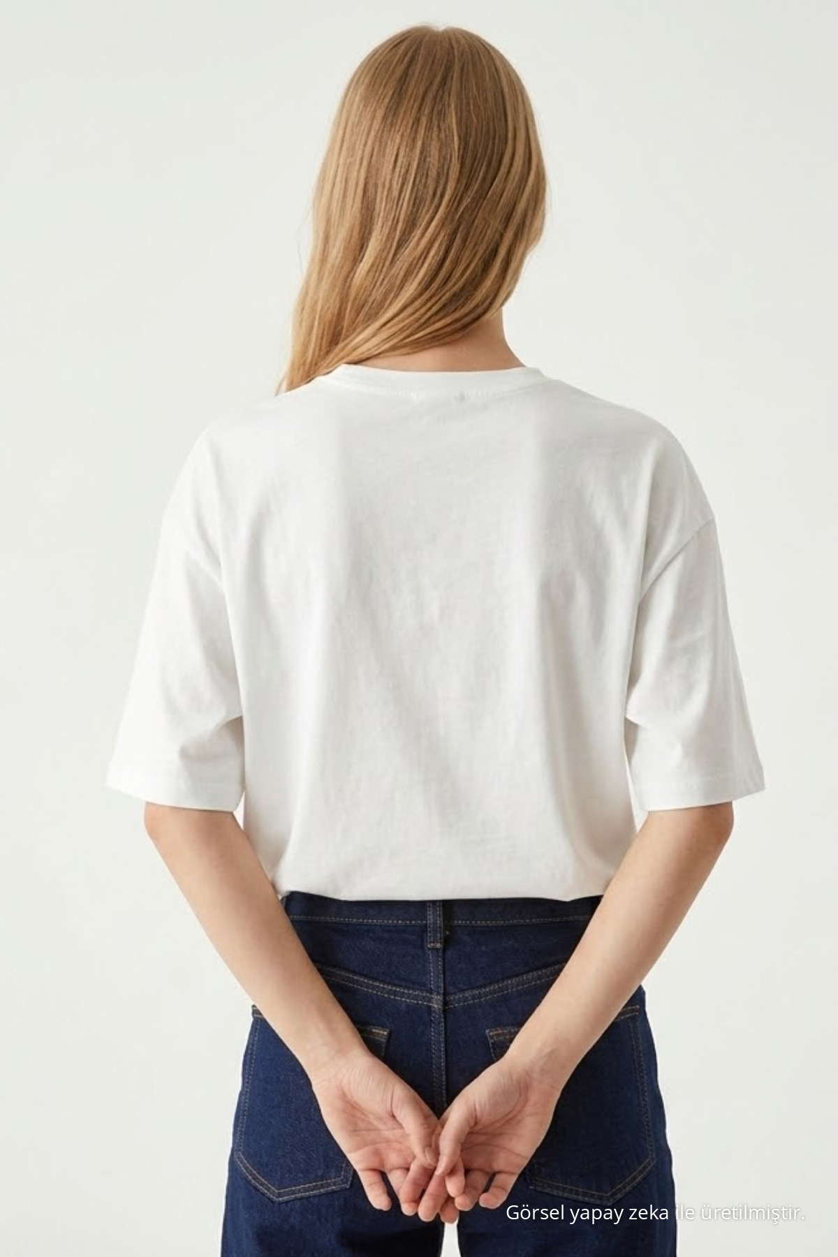 Kadın Bisiklet Yaka Ekru Oversize Tişört 6