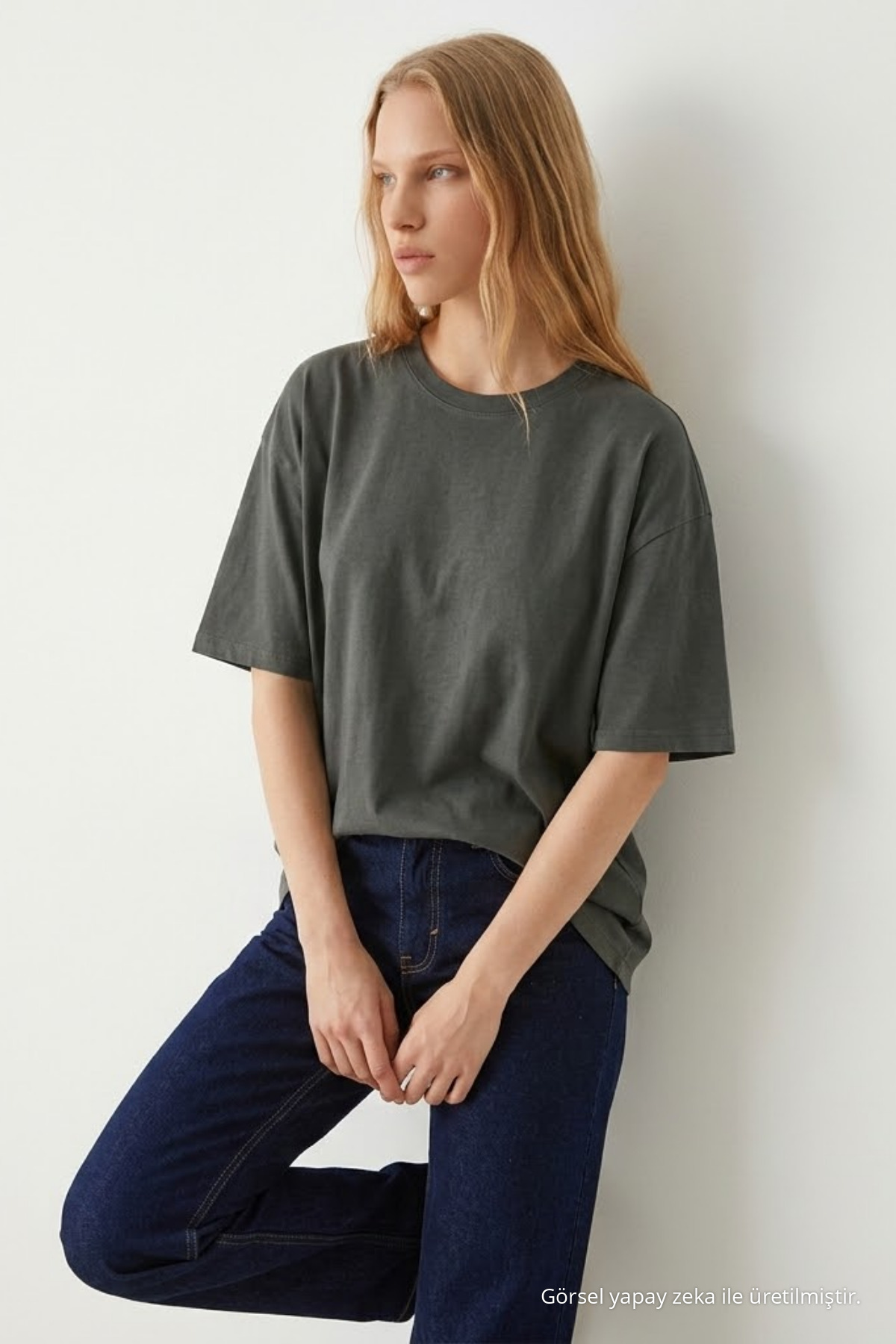 Kadın Bisiklet Yaka Füme Oversize Tişört 4
