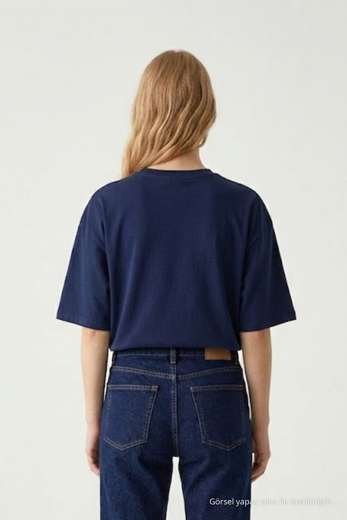 Kadın Bisiklet Yaka Lacivert Oversize Tişört 5